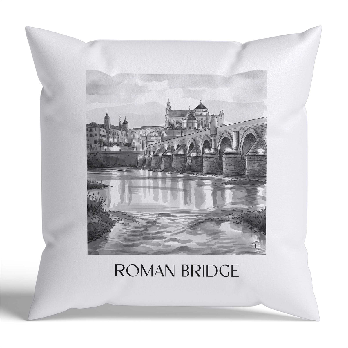 Puente Romano Kissenhülle - Zierkissen Bezug - Córdoba - Spanien Kissen bzw. Kissenbezug im Aquarell Schwarz-Weiß Stil - favplace
