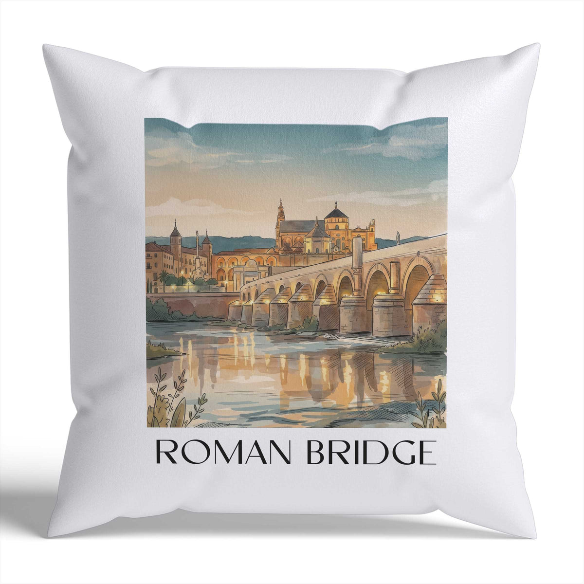 Puente Romano Kissenhülle - Zierkissen Bezug - Córdoba - Spanien Kissen bzw. Kissenbezug im Aquarell Stil - favplace