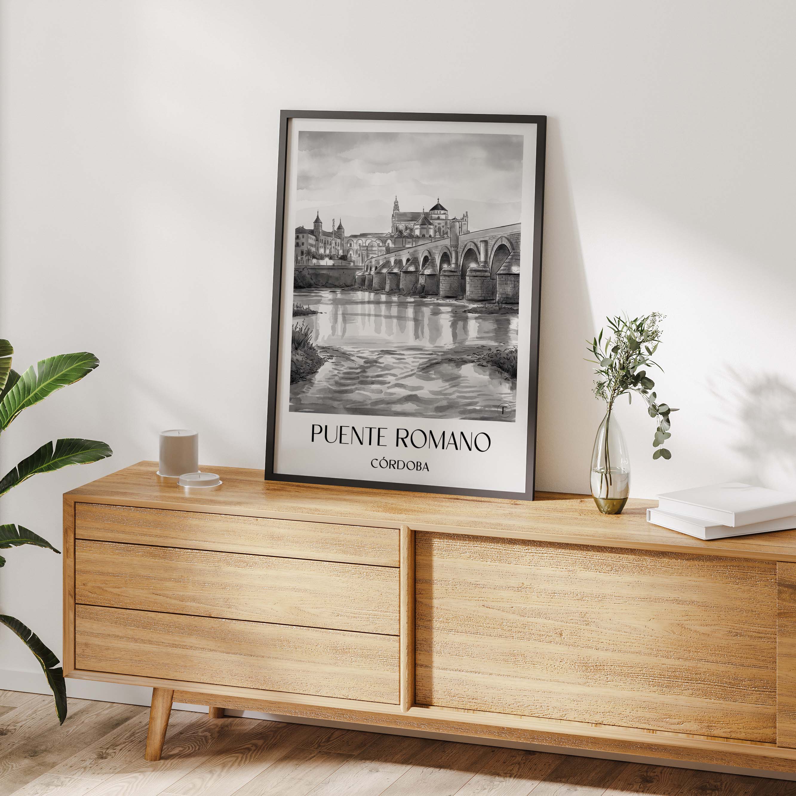 puente-romano-córdoba-spanien-poster-aquarell-schwarz-weiss
