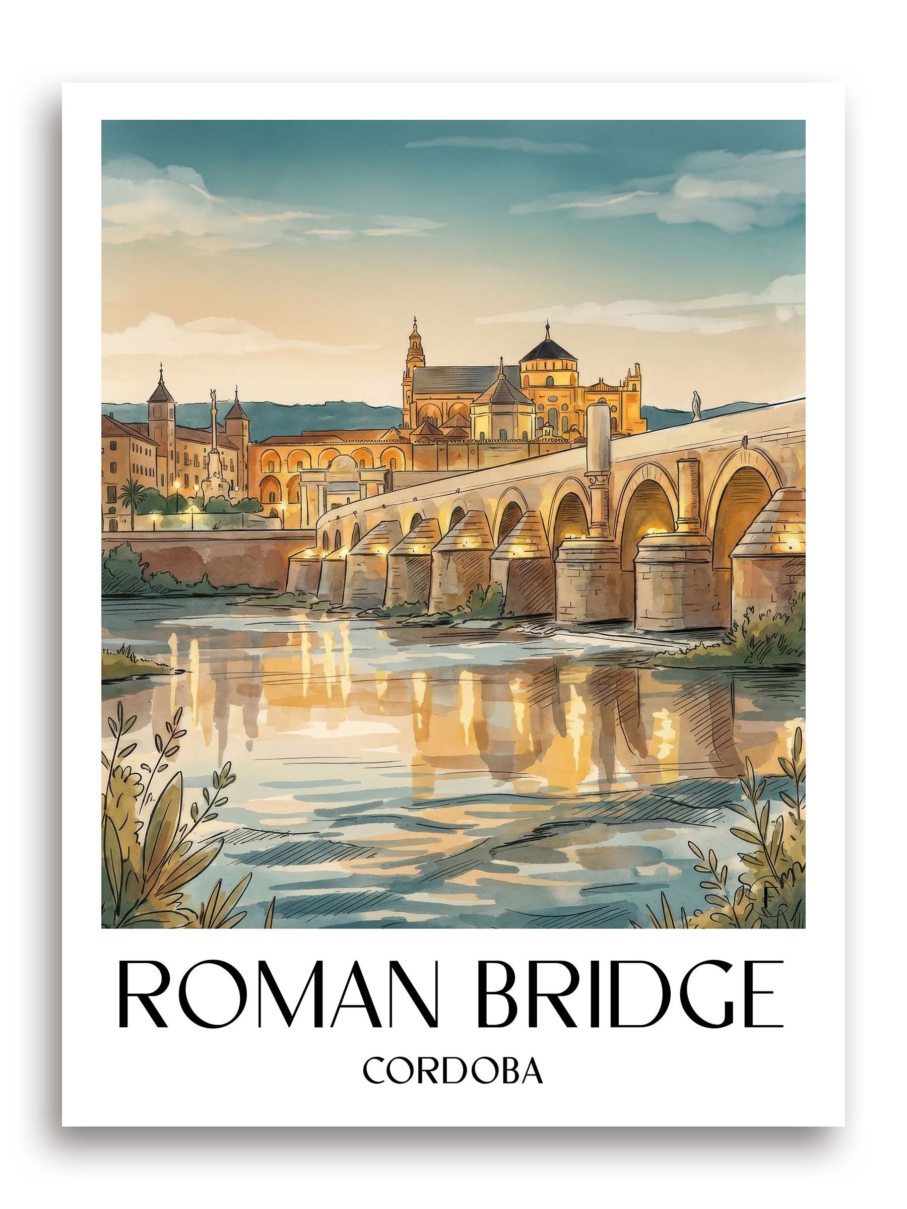 Puente Romano Poster - Córdoba - Spanien Kunstdruck - Aquarell von A4 bis A1 - favplace