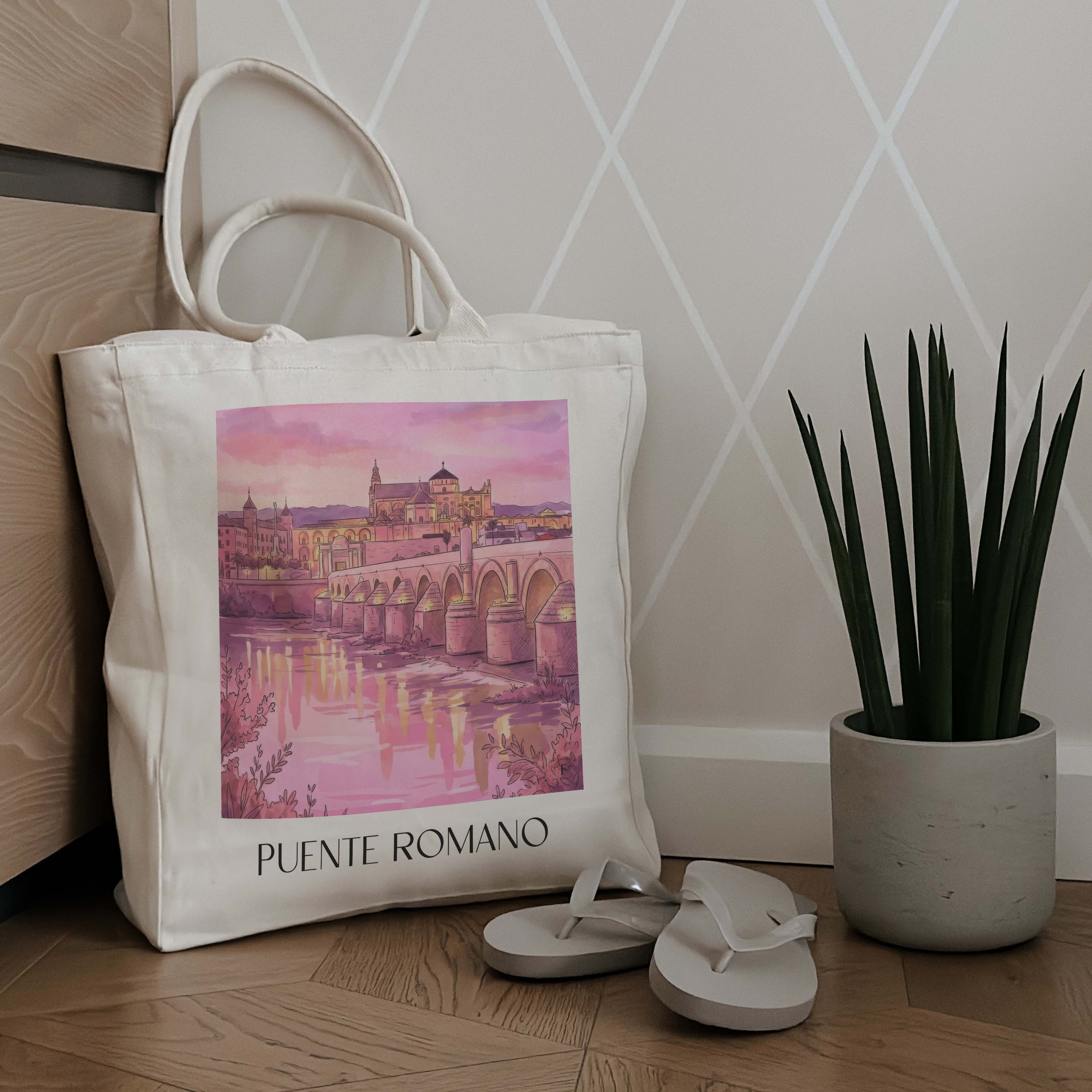 puente-romano-córdoba-spanien-einkaufstasche-aquarell-pink-rosa
