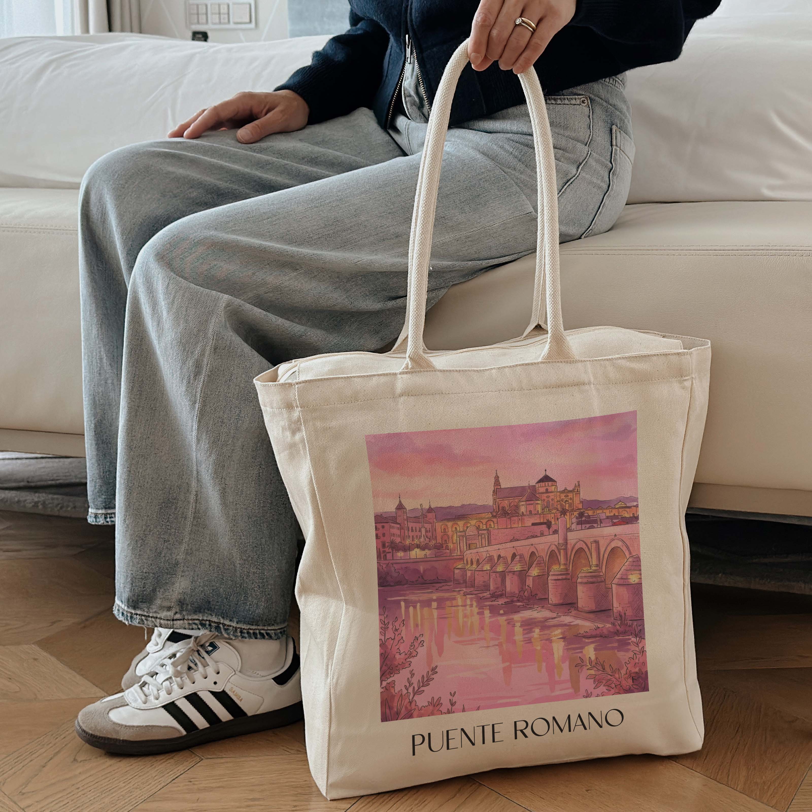 puente-romano-córdoba-spanien-einkaufstasche-aquarell-pink-rosa