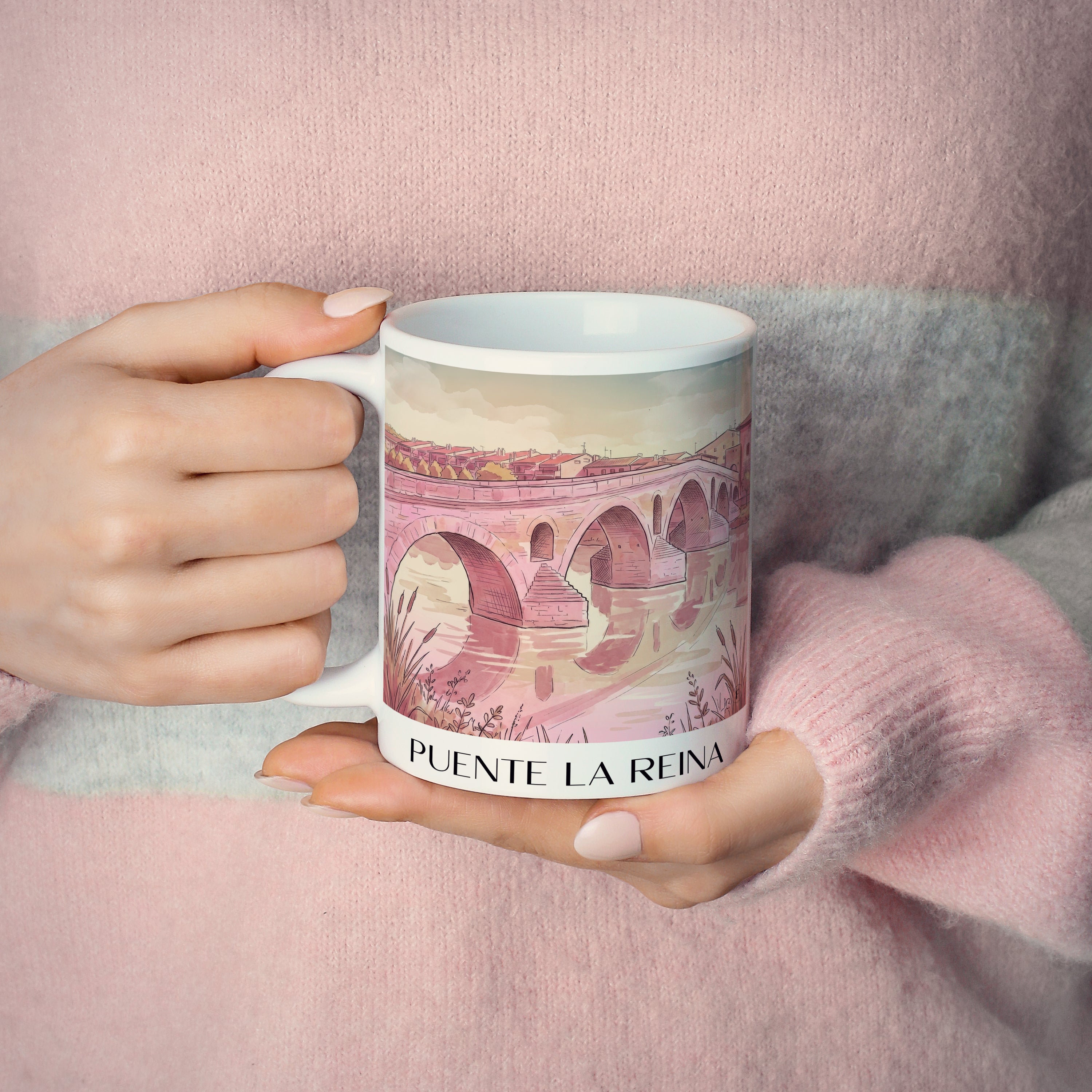 puente-la-reina-spanien-spanien-kaffeebecher-aquarell-pink-rosa