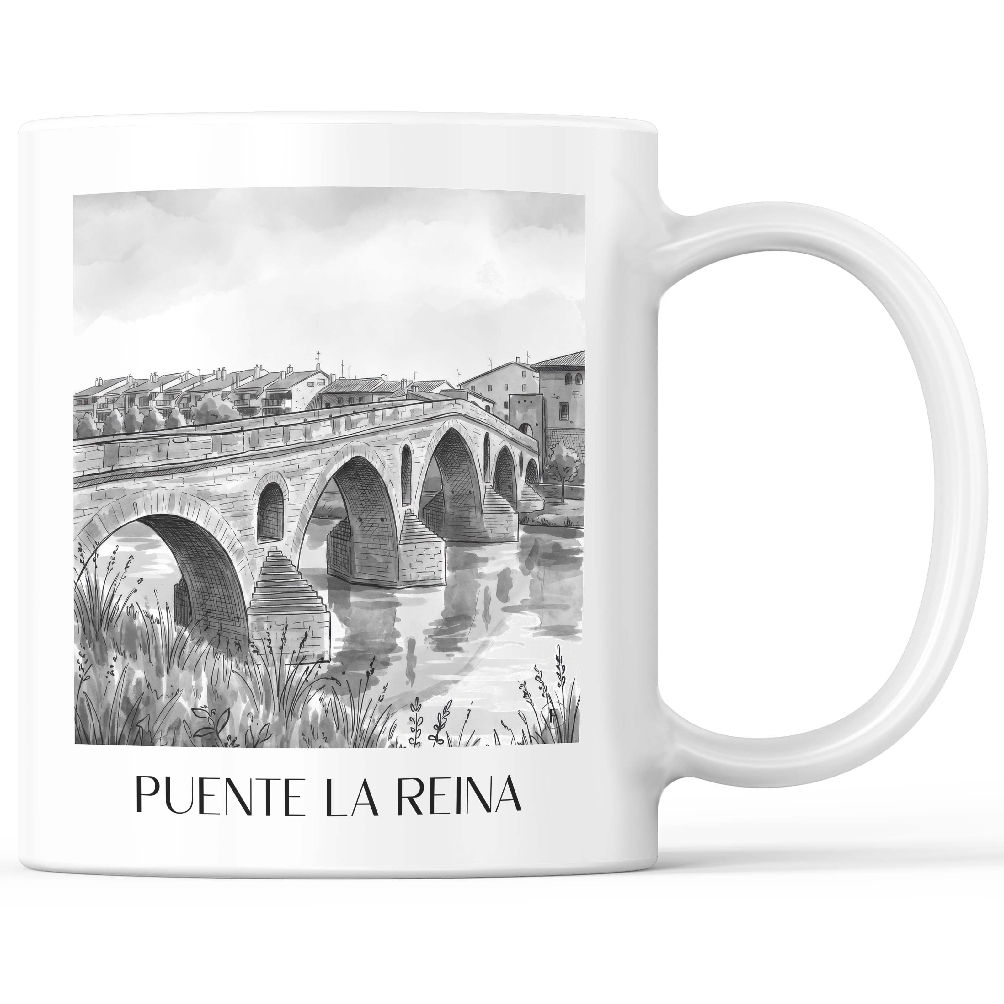 Puente la Reina Kaffeebecher - Spanien - Spanien Becher - Kaffeetasse im Aquarell Schwarz-Weiß Stil - favplace