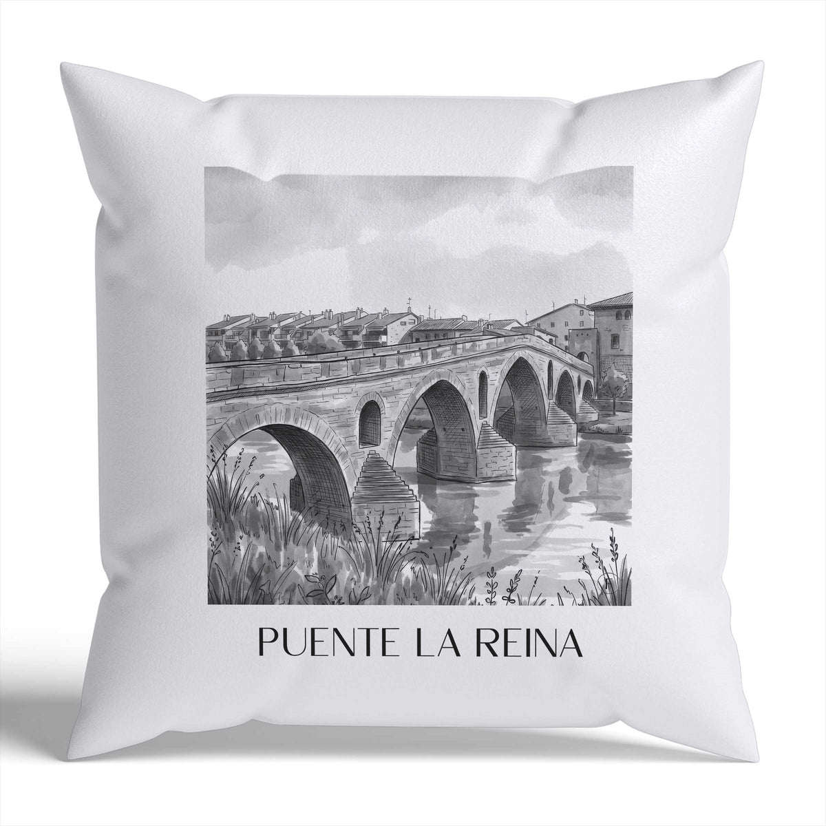 Puente la Reina Kissenhülle - Zierkissen Bezug - Spanien - Spanien Kissen bzw. Kissenbezug im Aquarell Schwarz-Weiß Stil - favplace