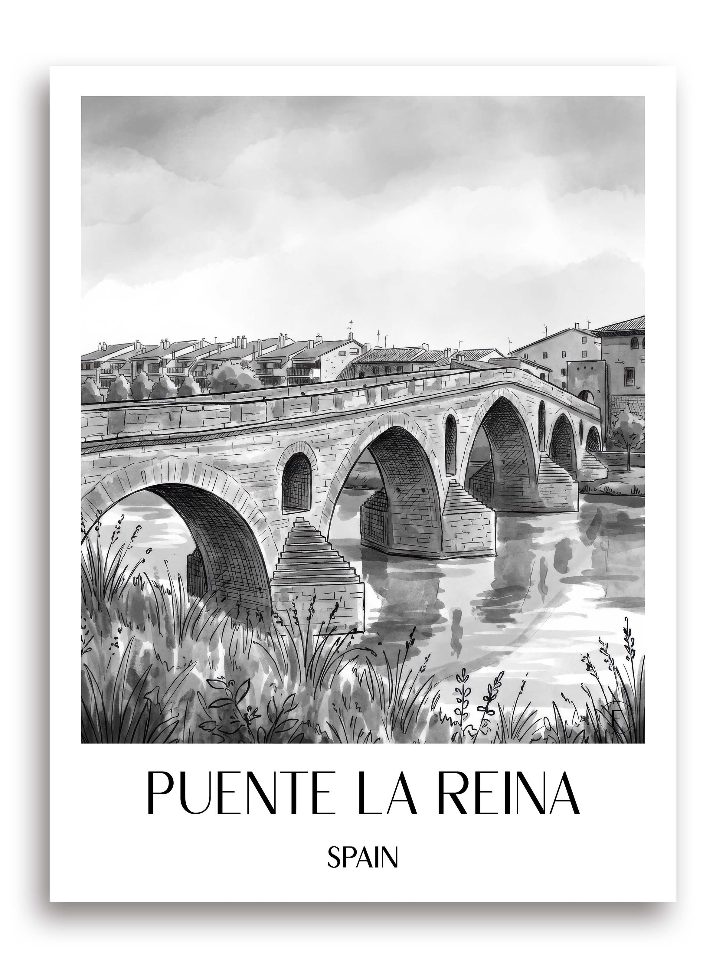 Puente la Reina Poster - Spanien - Spanien Kunstdruck - Aquarell Schwarz-Weiß von A4 bis A1 - favplace