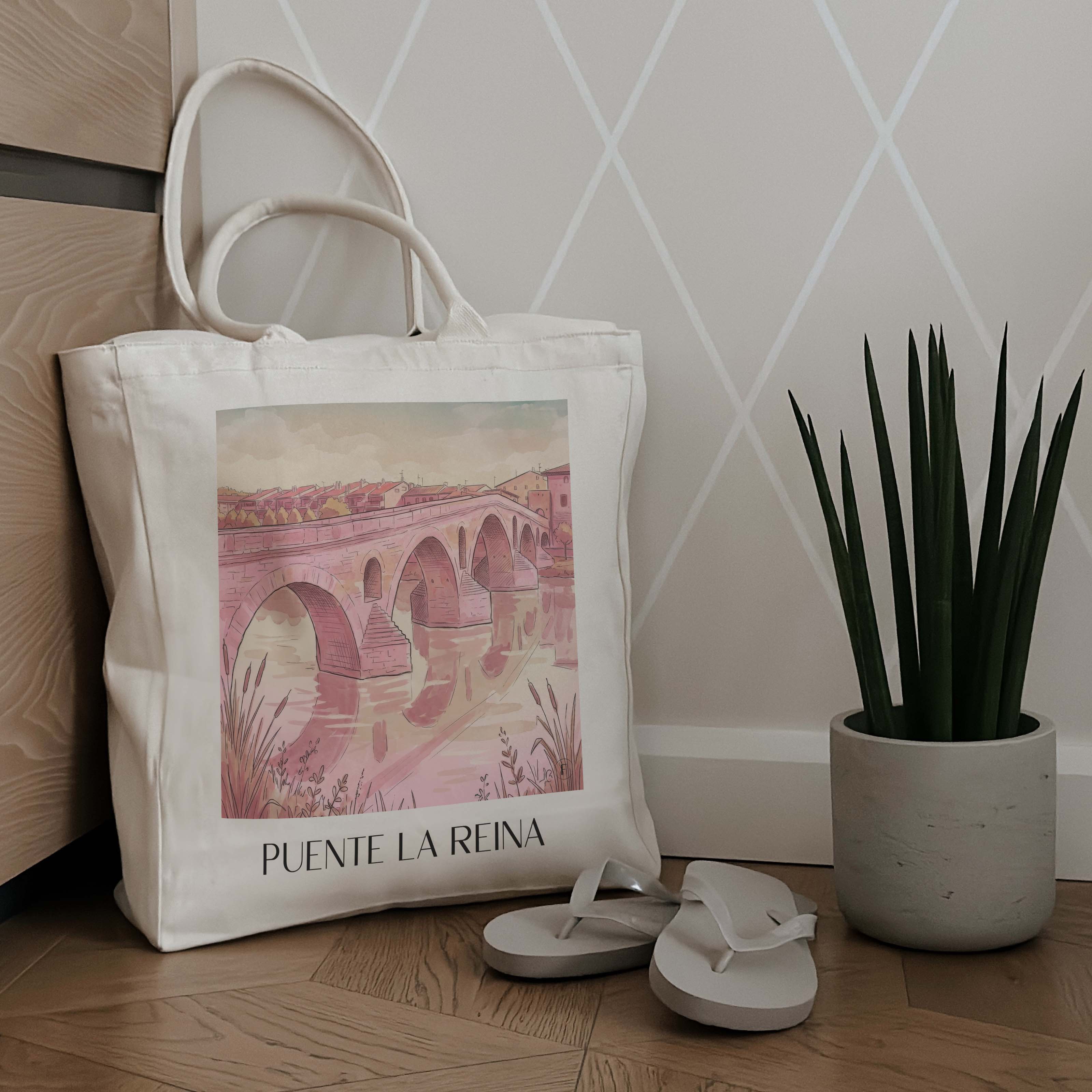 puente-la-reina-spanien-spanien-einkaufstasche-aquarell-pink-rosa