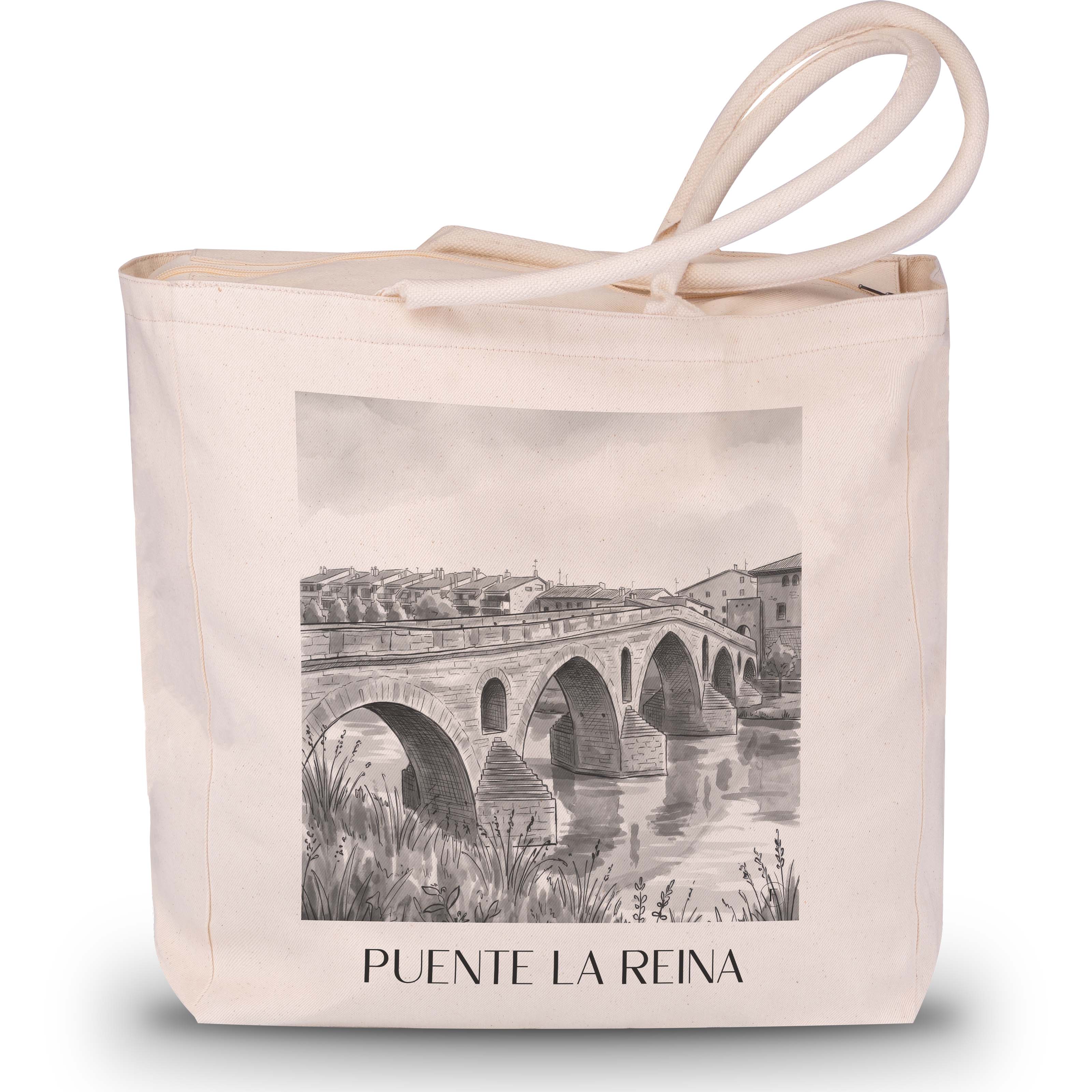 puente-la-reina-spanien-spanien-einkaufstasche-aquarell-schwarz-weiss