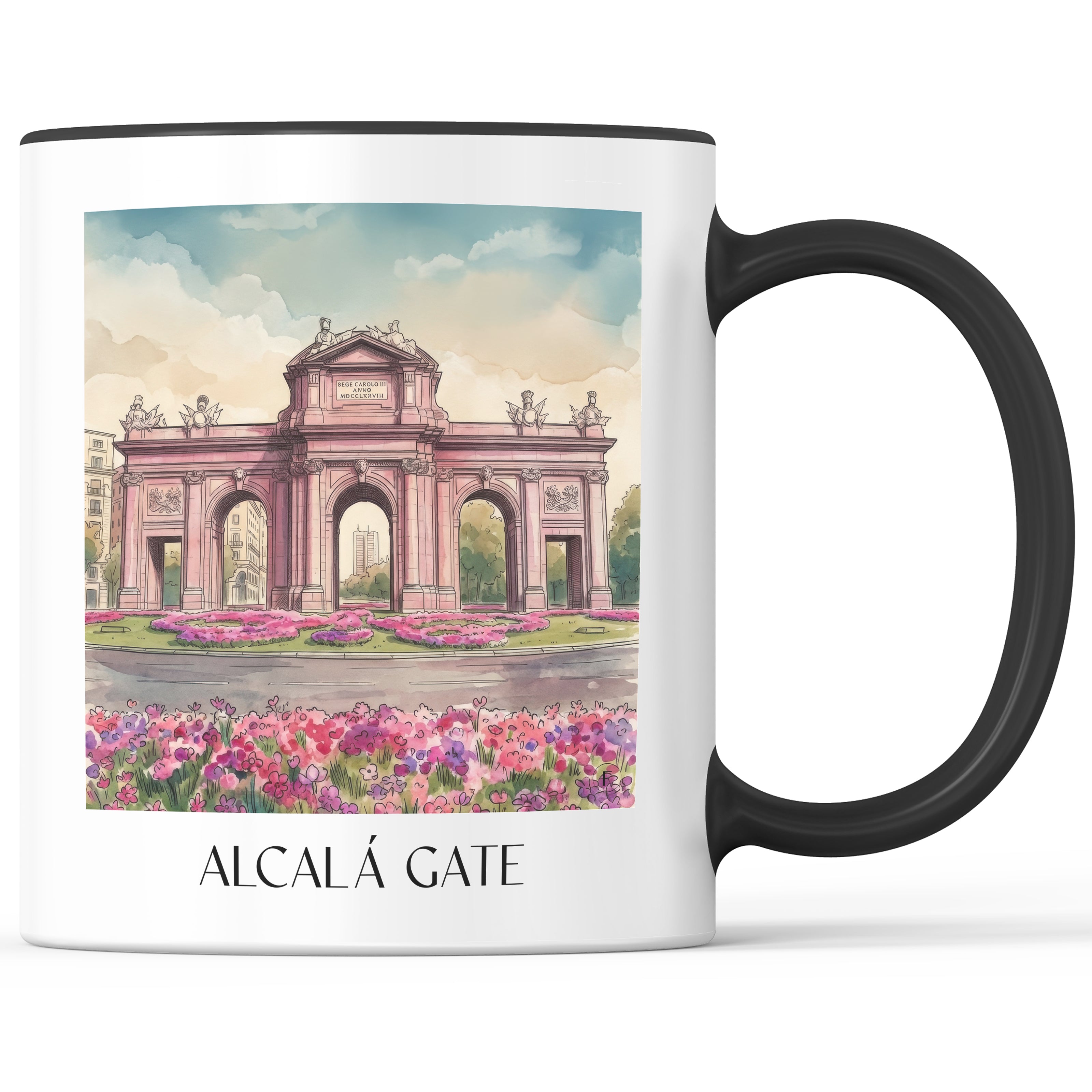 Puerta de Alcalá Kaffeebecher - Madrid - Spanien Becher - Kaffeetasse im Aquarell Pink Stil - favplace