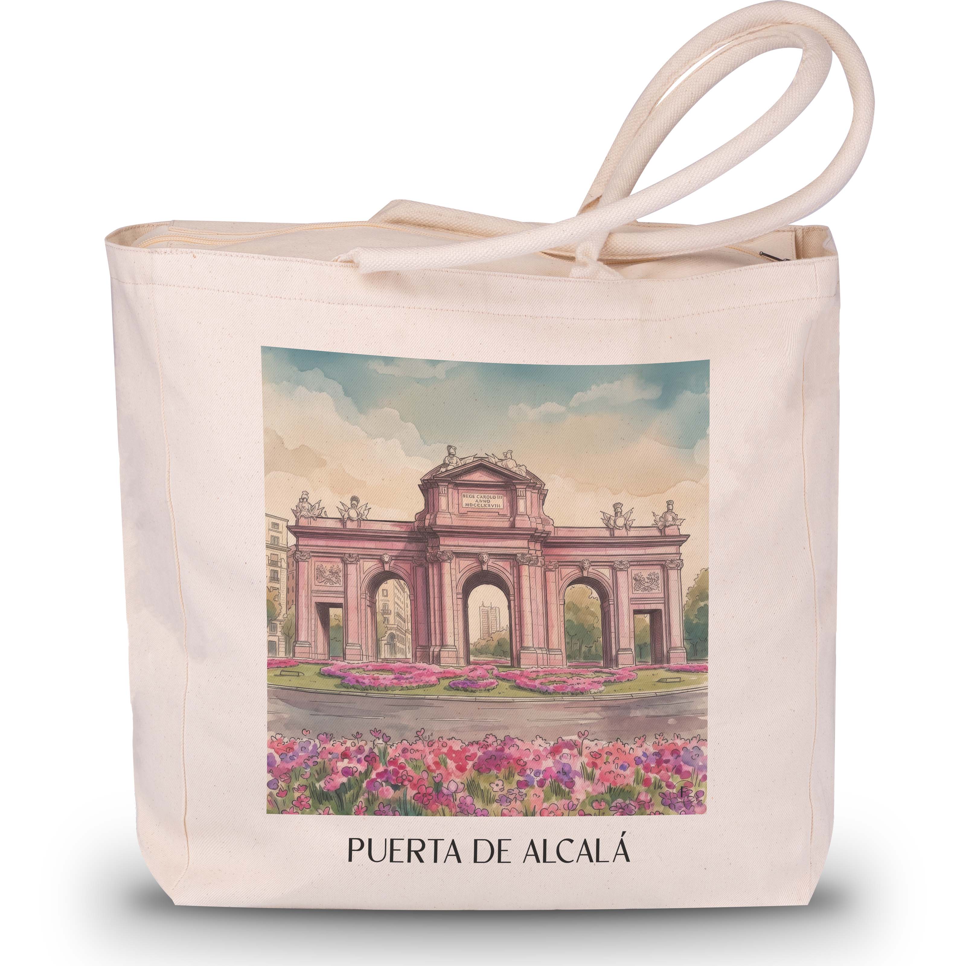 puerta-de-alcalá-madrid-spanien-einkaufstasche-aquarell-pink-rosa