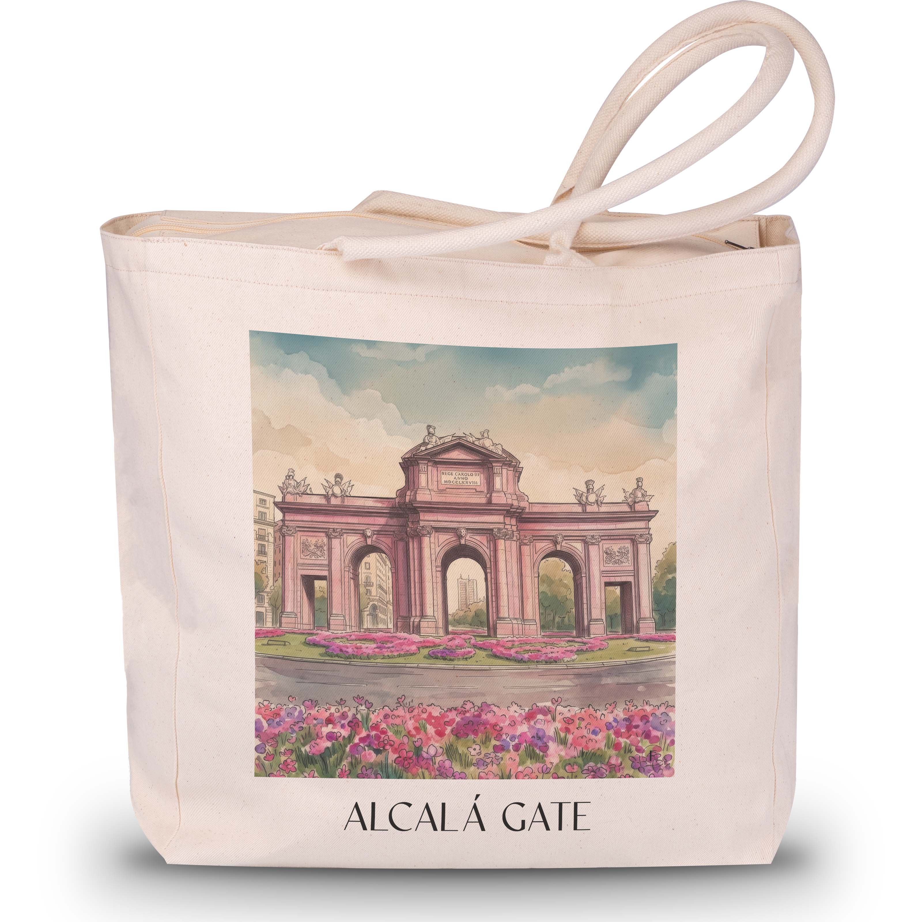 Puerta de Alcalá Shopping Tasche - Madrid - Spanien Tote Bag - Einkaufstasche im Aquarell Pink Stil - favplace