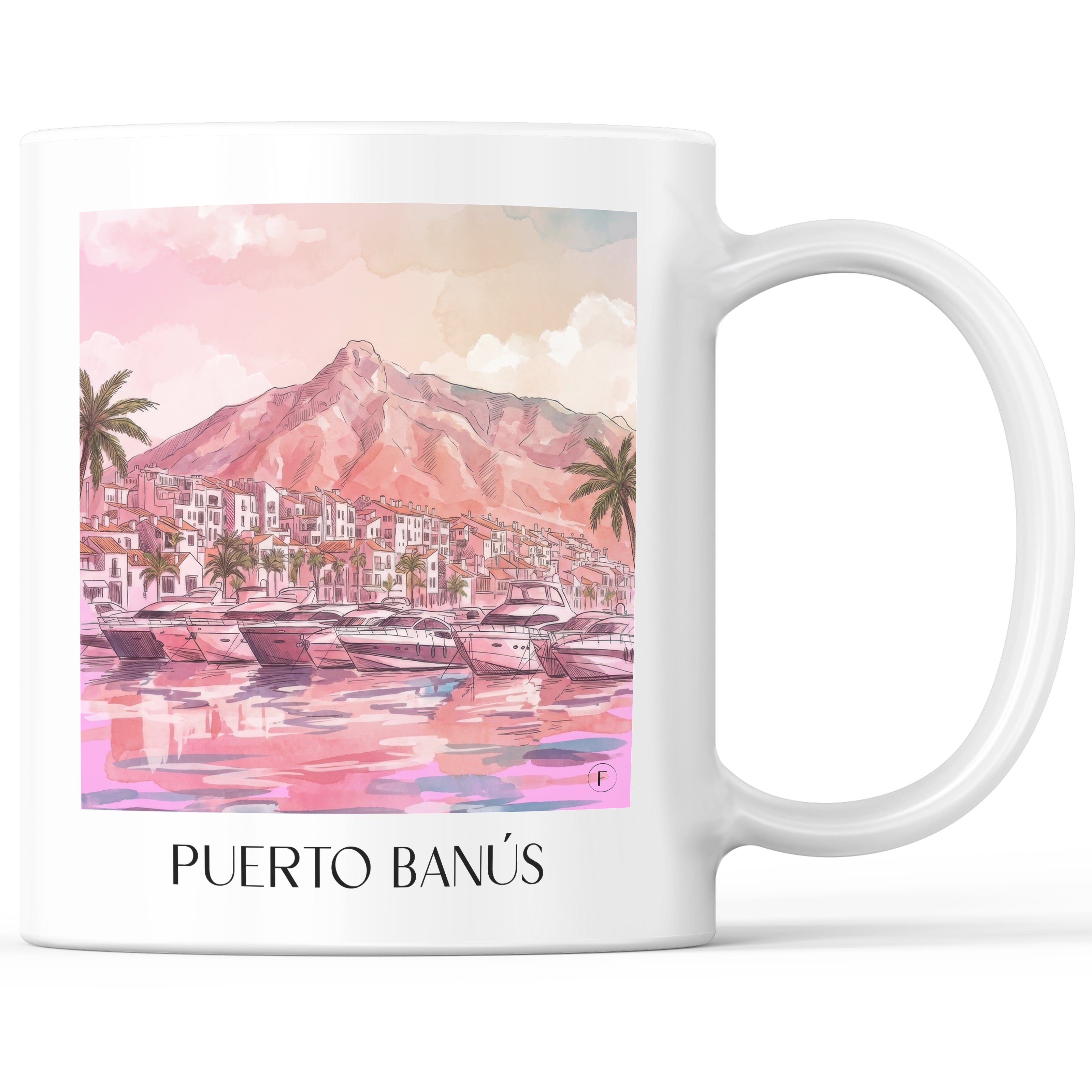 Puerto Banús Kaffeebecher - Marbella - Spanien Becher - Kaffeetasse im Aquarell Pink Stil - favplace