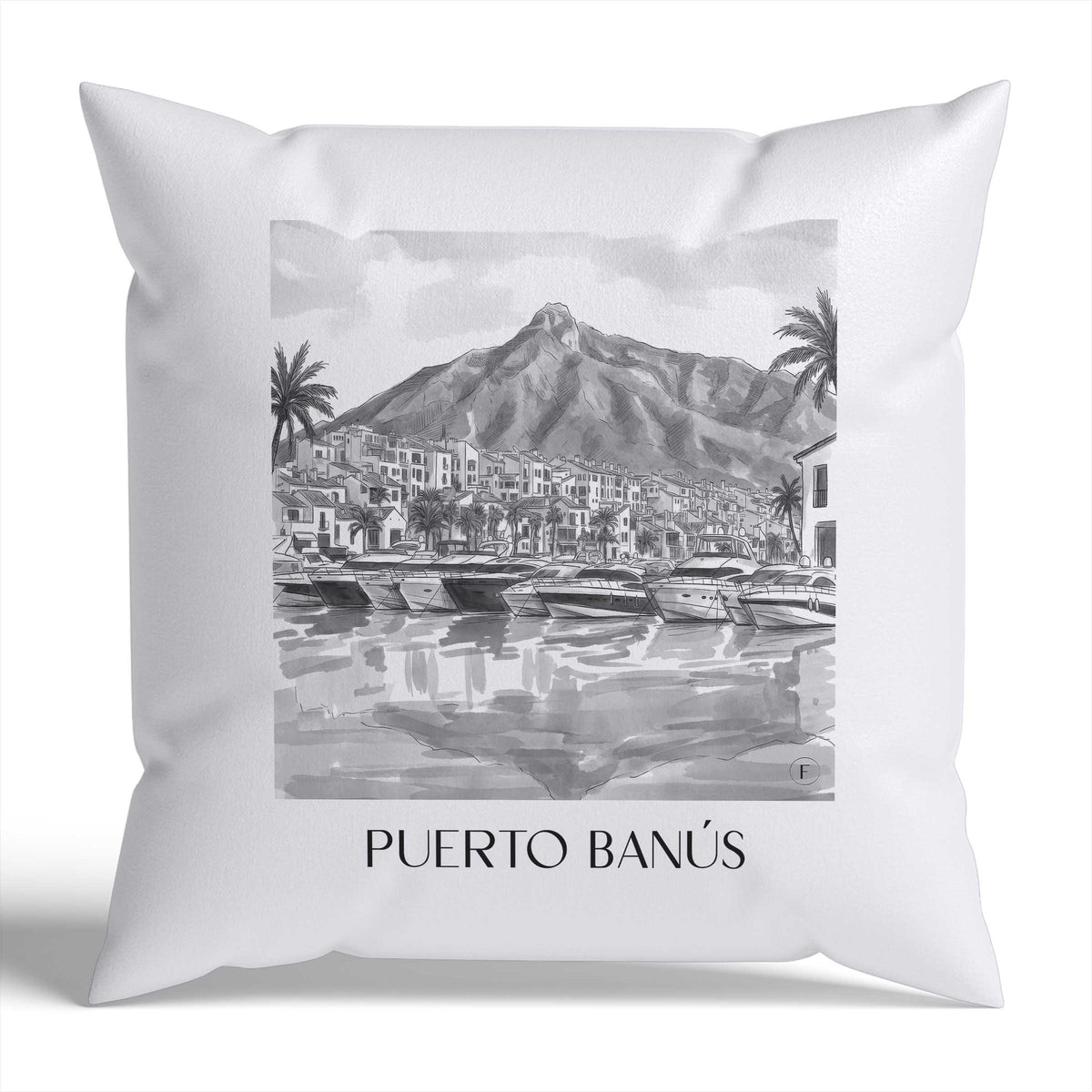 Puerto Banús Kissenhülle - Zierkissen Bezug - Marbella - Spanien Kissen bzw. Kissenbezug im Aquarell Schwarz-Weiß Stil - favplace