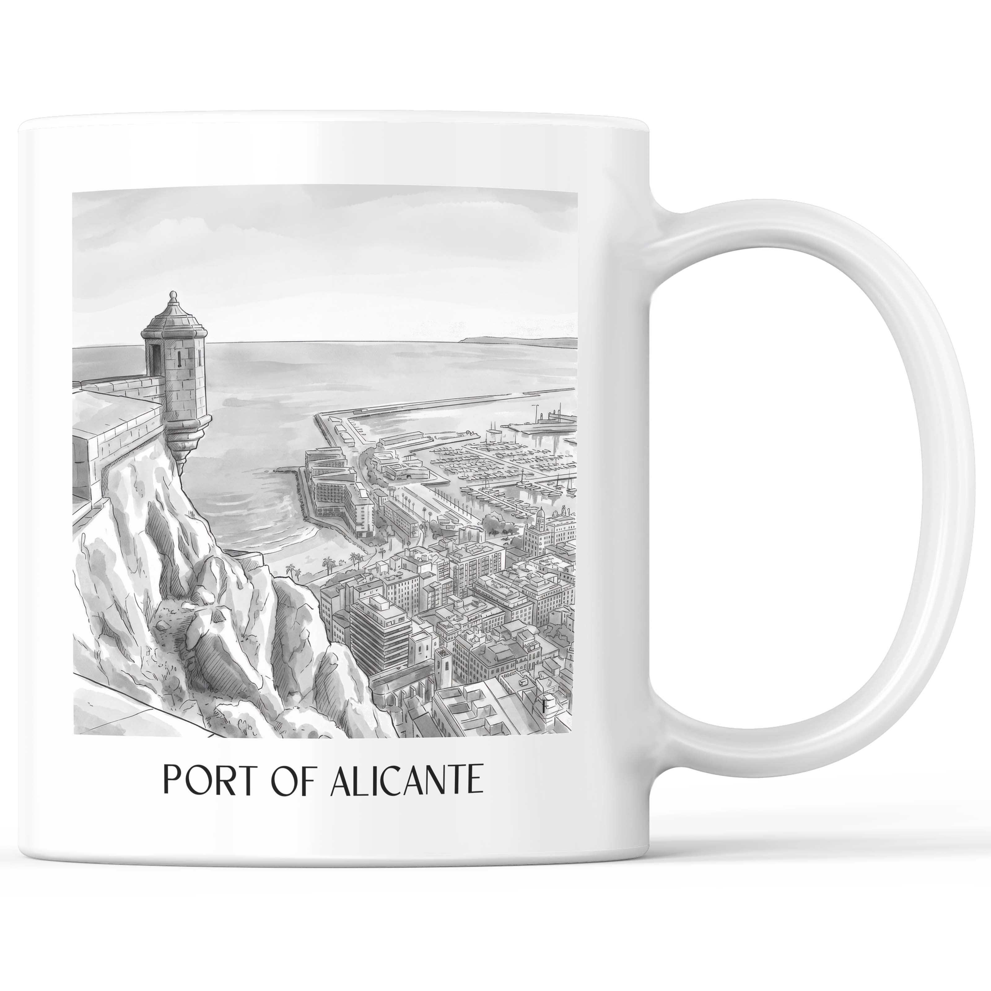 Puerto de Alicante Kaffeebecher - Spanien - Spanien Becher - Kaffeetasse im Aquarell Schwarz-Weiß Stil - favplace