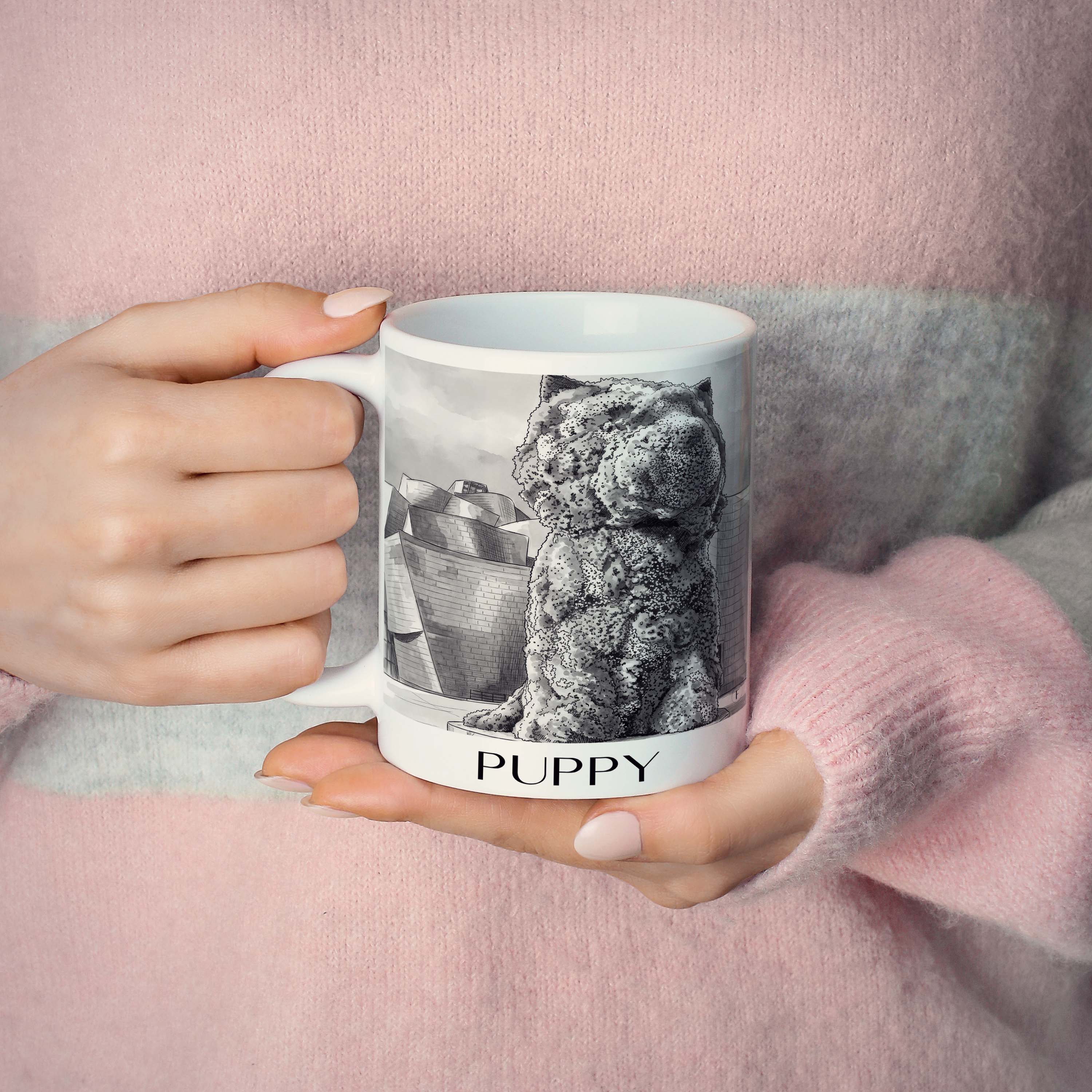 puppy-bilbao-spanien-kaffeebecher-aquarell-schwarz-weiss