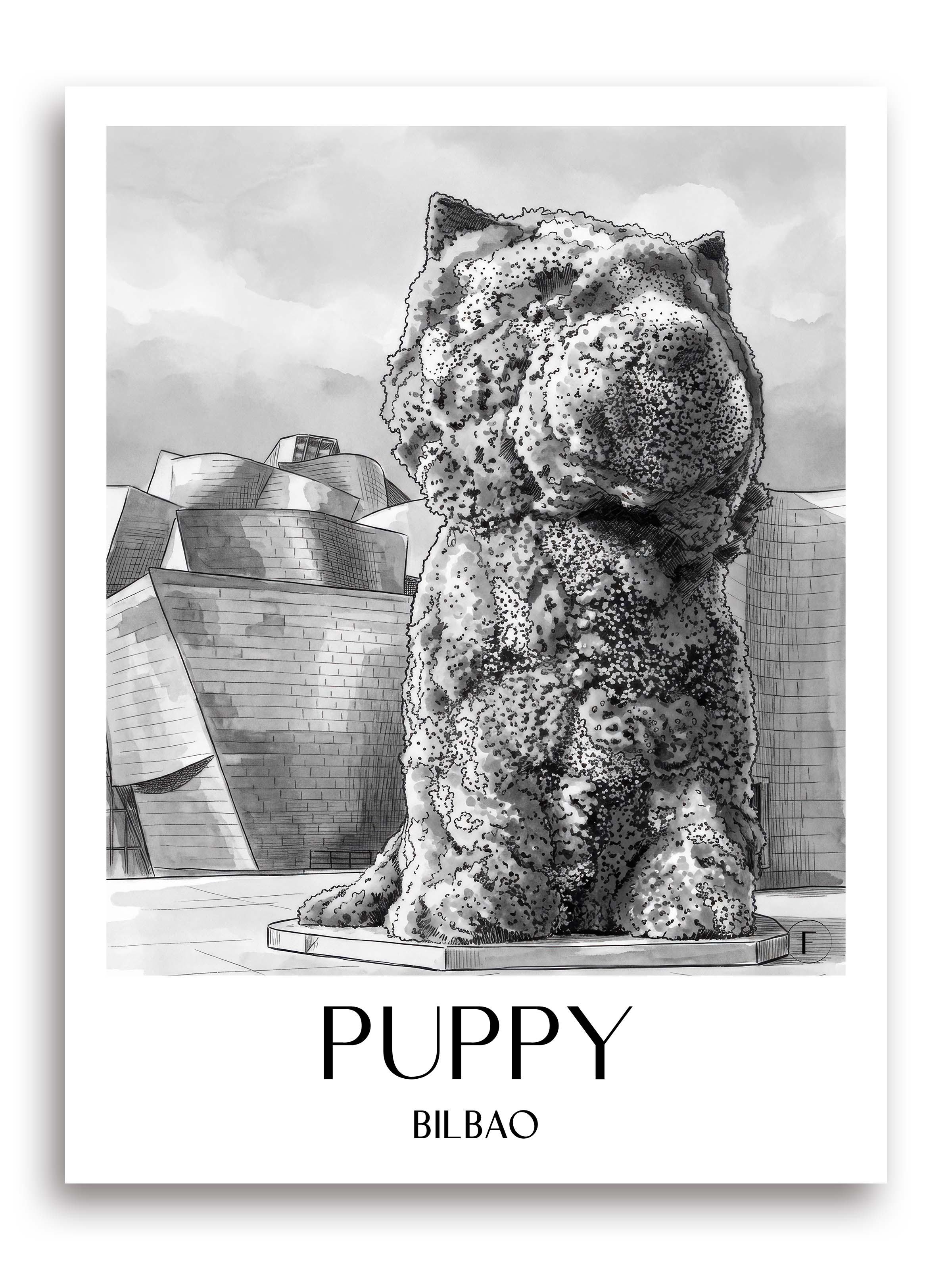 Puppy Poster - Bilbao - Spanien Kunstdruck - Aquarell Schwarz-Weiß von A4 bis A1 - favplace
