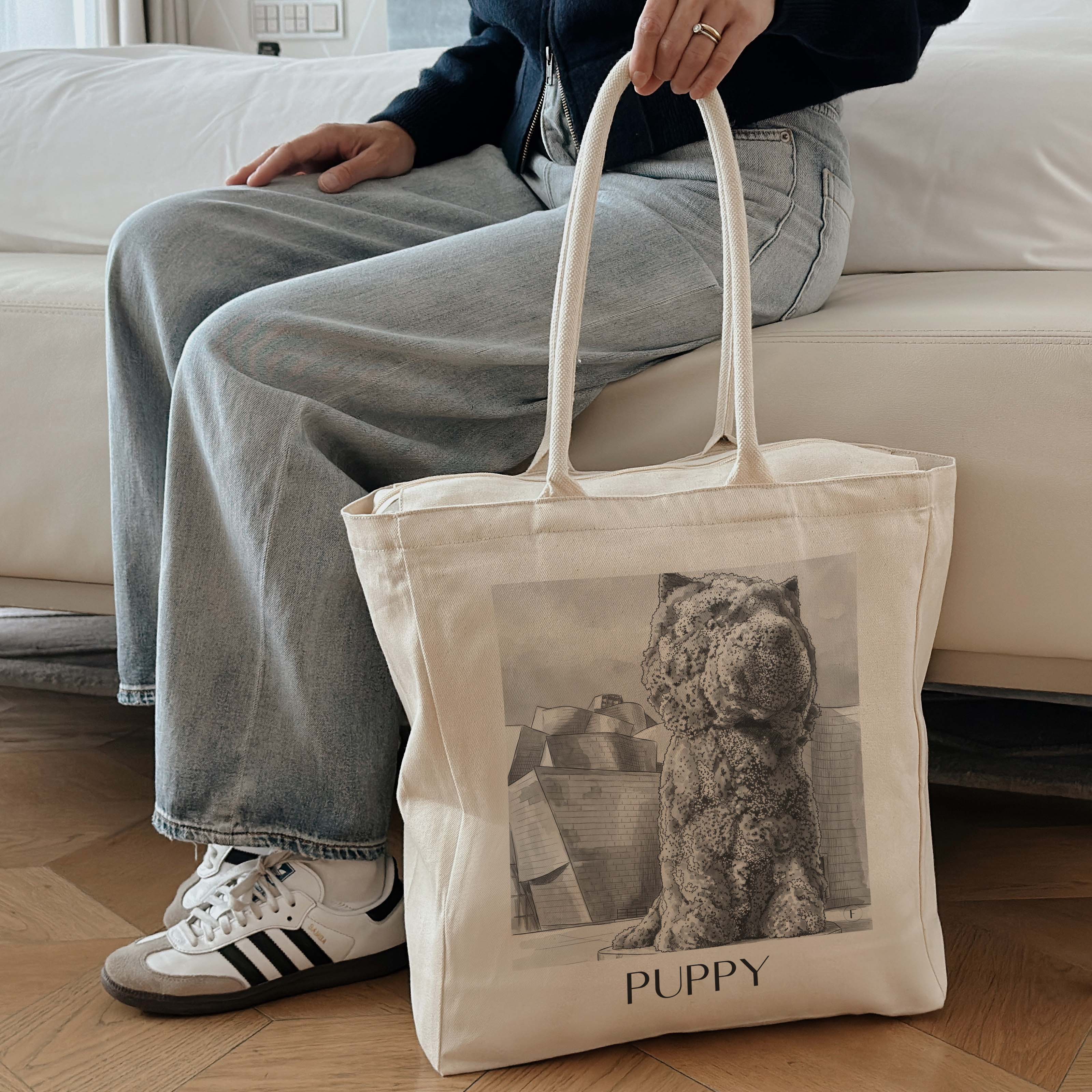 puppy-bilbao-spanien-einkaufstasche-aquarell-schwarz-weiss