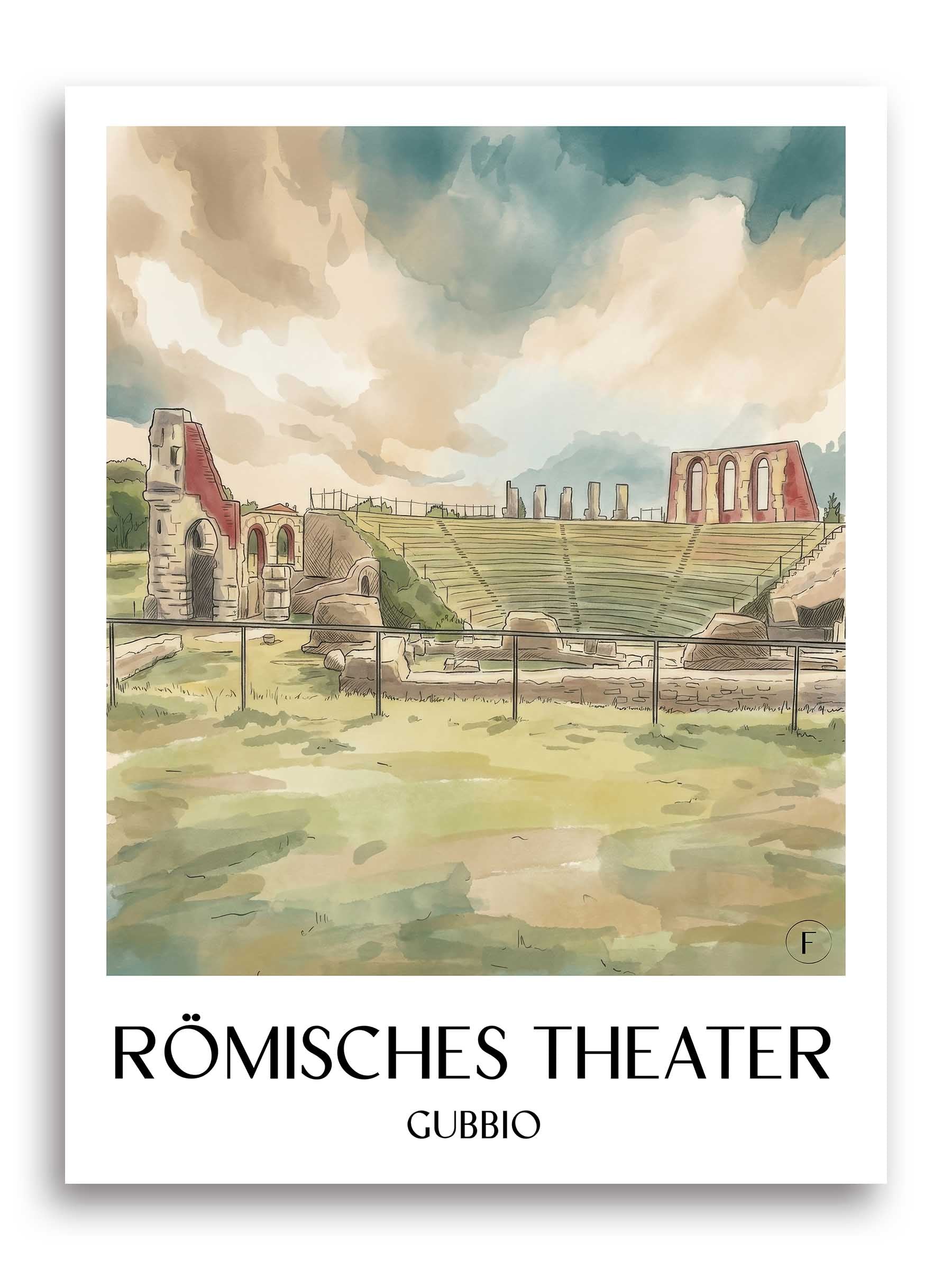 römisches-theater-gubbio-italien-poster-aquarell