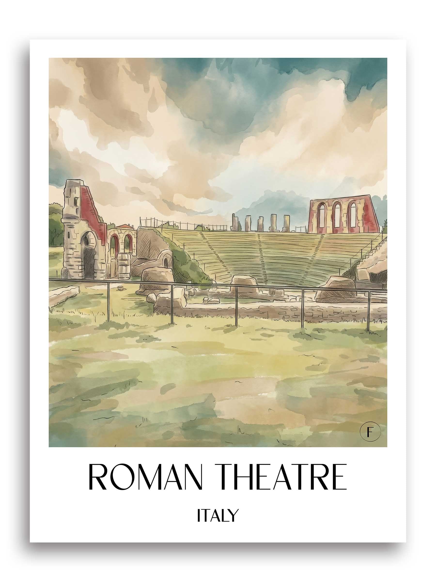 Römisches Theater Poster - Gubbio - Italien Kunstdruck - Aquarell von A4 bis A1 - favplace