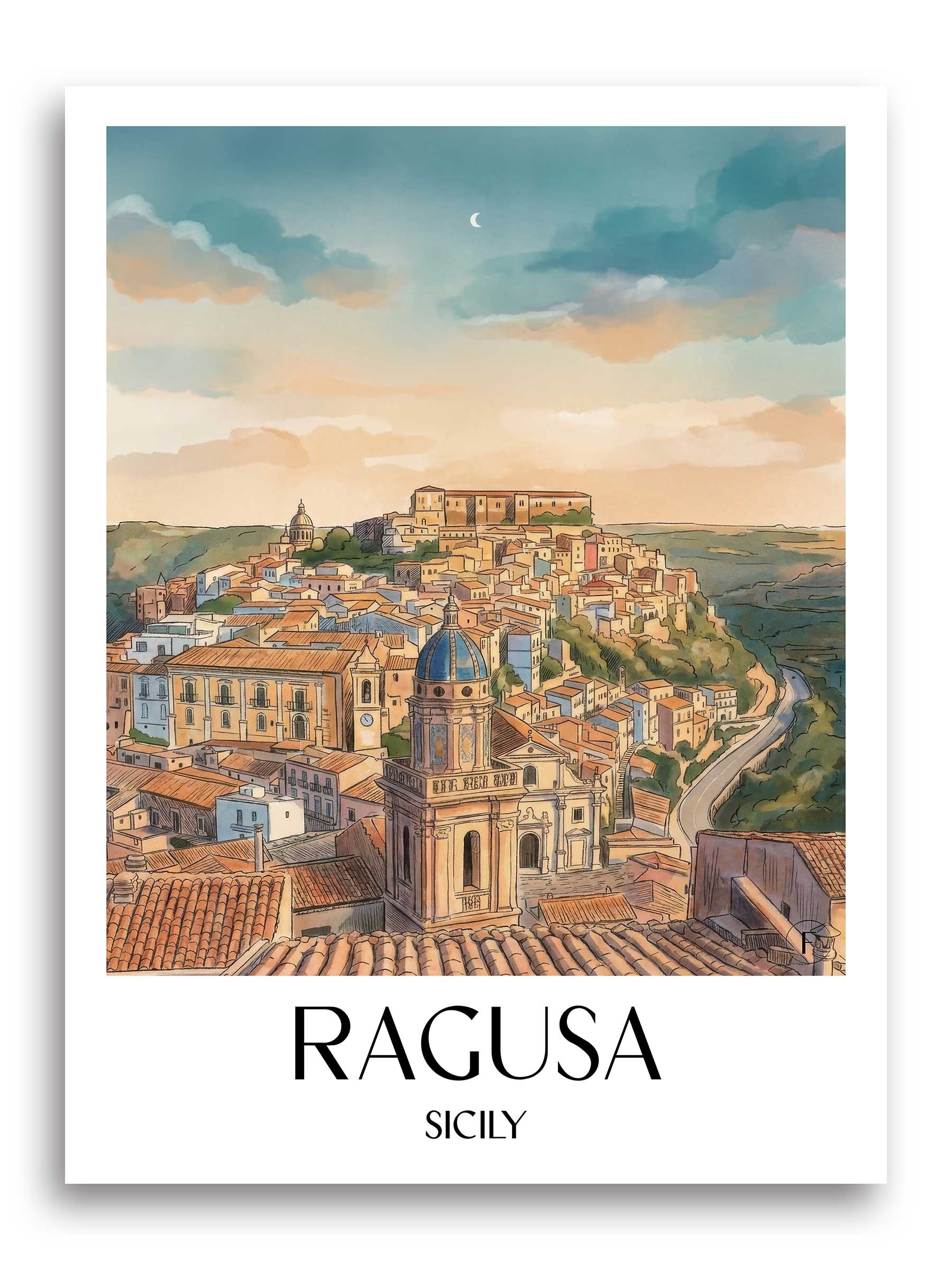 Ragusa Poster - Sizilien - Italien Kunstdruck - Aquarell von A4 bis A1 - favplace