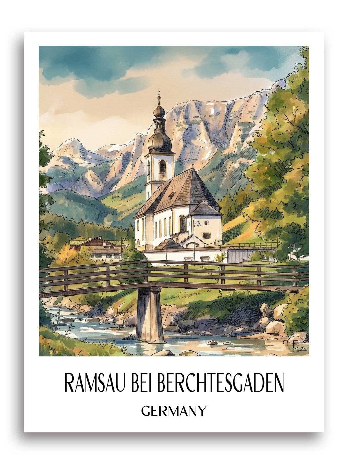 Ramsau bei Berchtesgaden Poster - Bayern - Deutschland Kunstdruck - Aquarell von A4 bis A1 - favplace