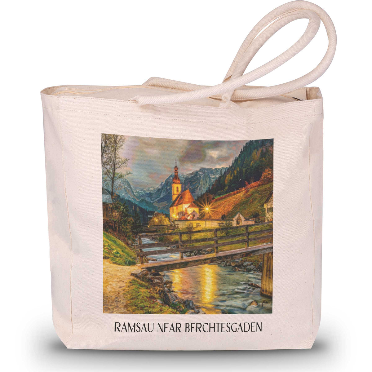 Ramsau bei Berchtesgaden (bei Nacht) Shopping Tasche - Bayern - Deutschland Tote Bag - Einkaufstasche im Ölgemälde Stil - favplace