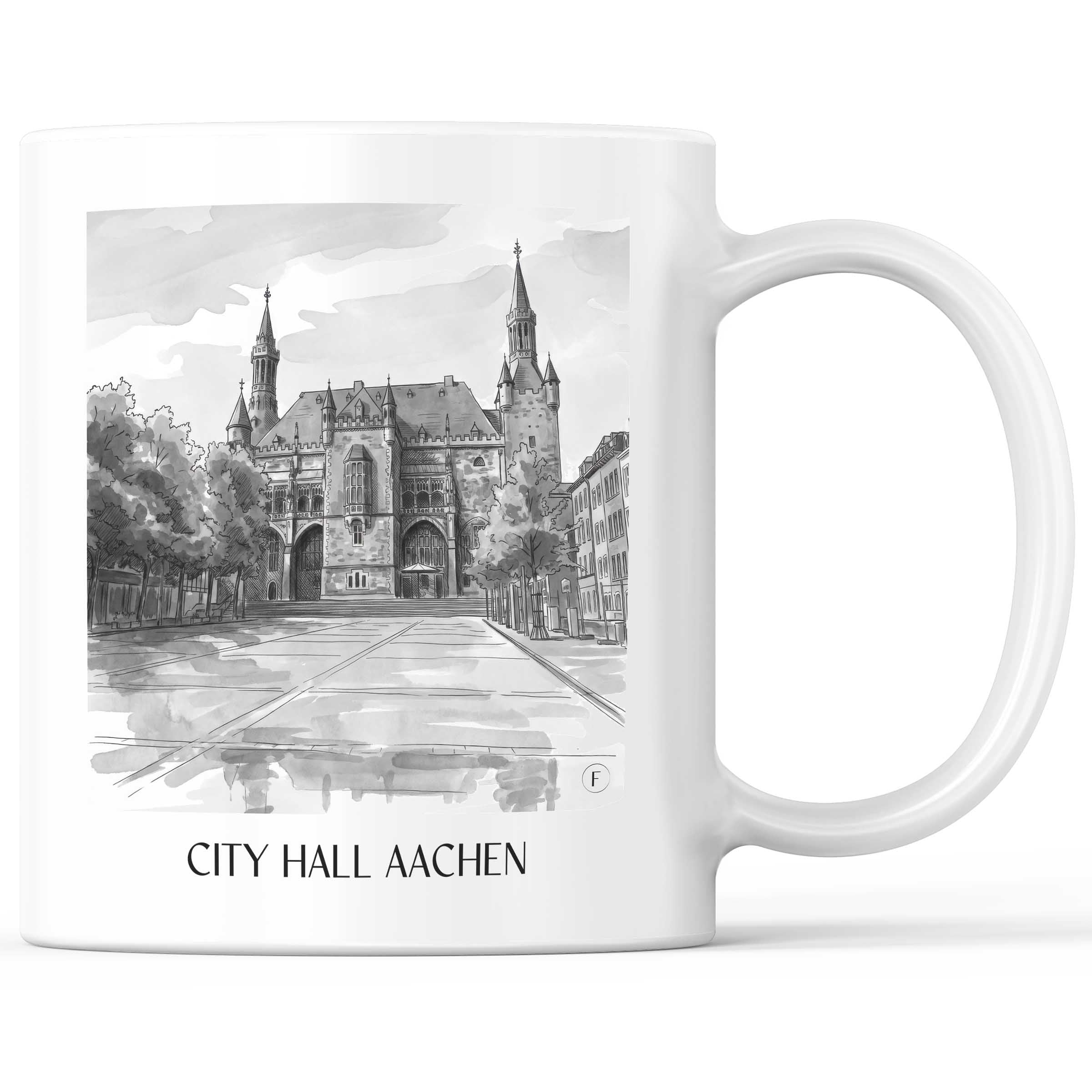 Rathaus Kaffeebecher - Aachen - Deutschland Becher - Kaffeetasse im Aquarell Schwarz-Weiß Stil - favplace