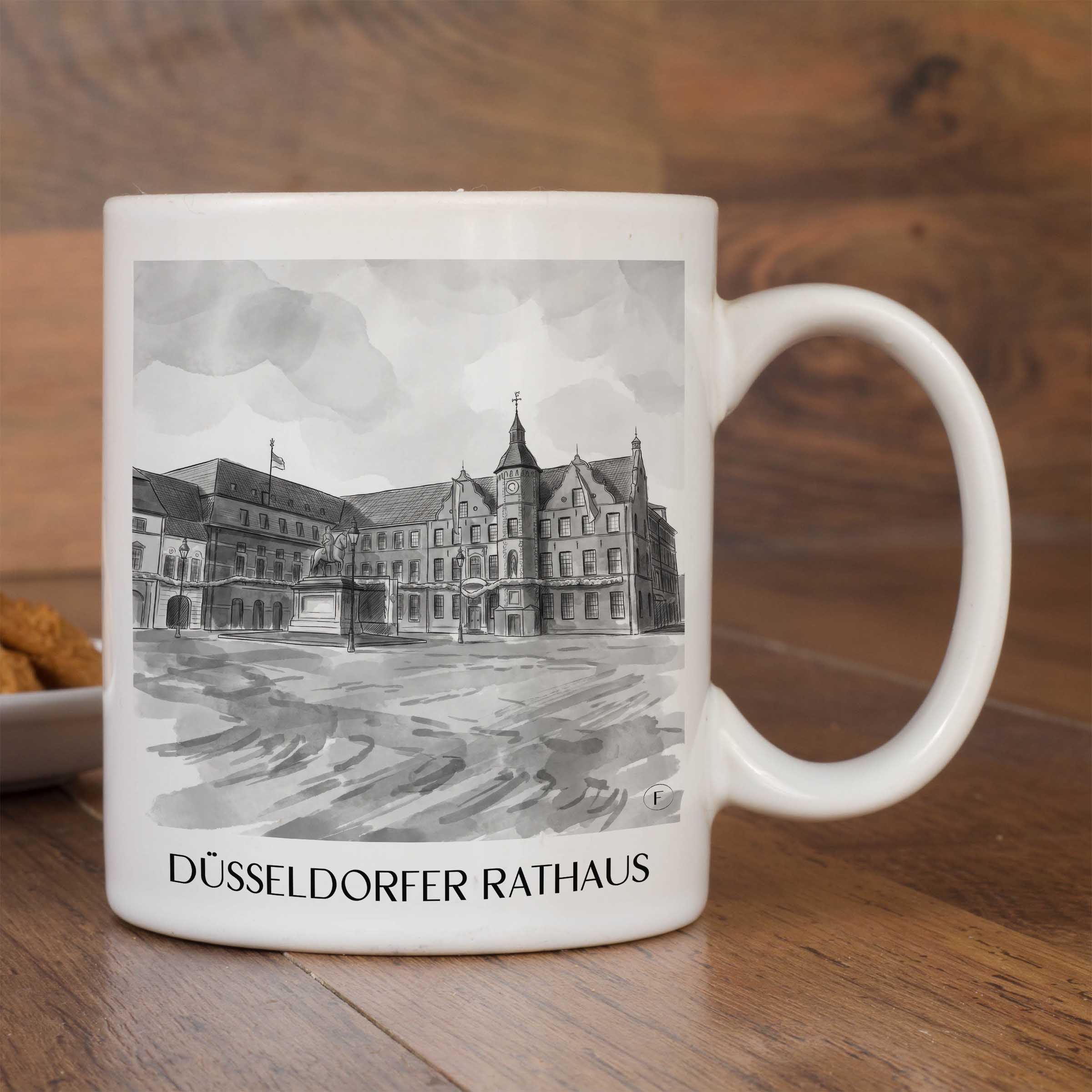 rathaus-düsseldorf-deutschland-kaffeebecher-aquarell-schwarz-weiss