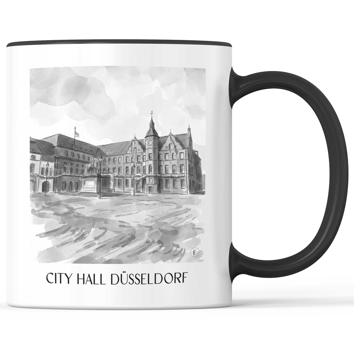 Rathaus Kaffeebecher - Düsseldorf - Deutschland Becher - Kaffeetasse im Aquarell Schwarz-Weiß Stil - favplace