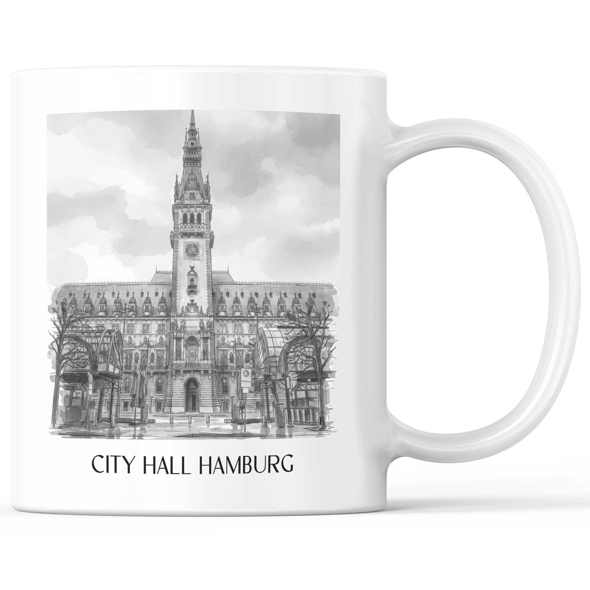 Rathaus Kaffeebecher - Hamburg - Deutschland Becher - Kaffeetasse im Aquarell Schwarz-Weiß Stil - favplace