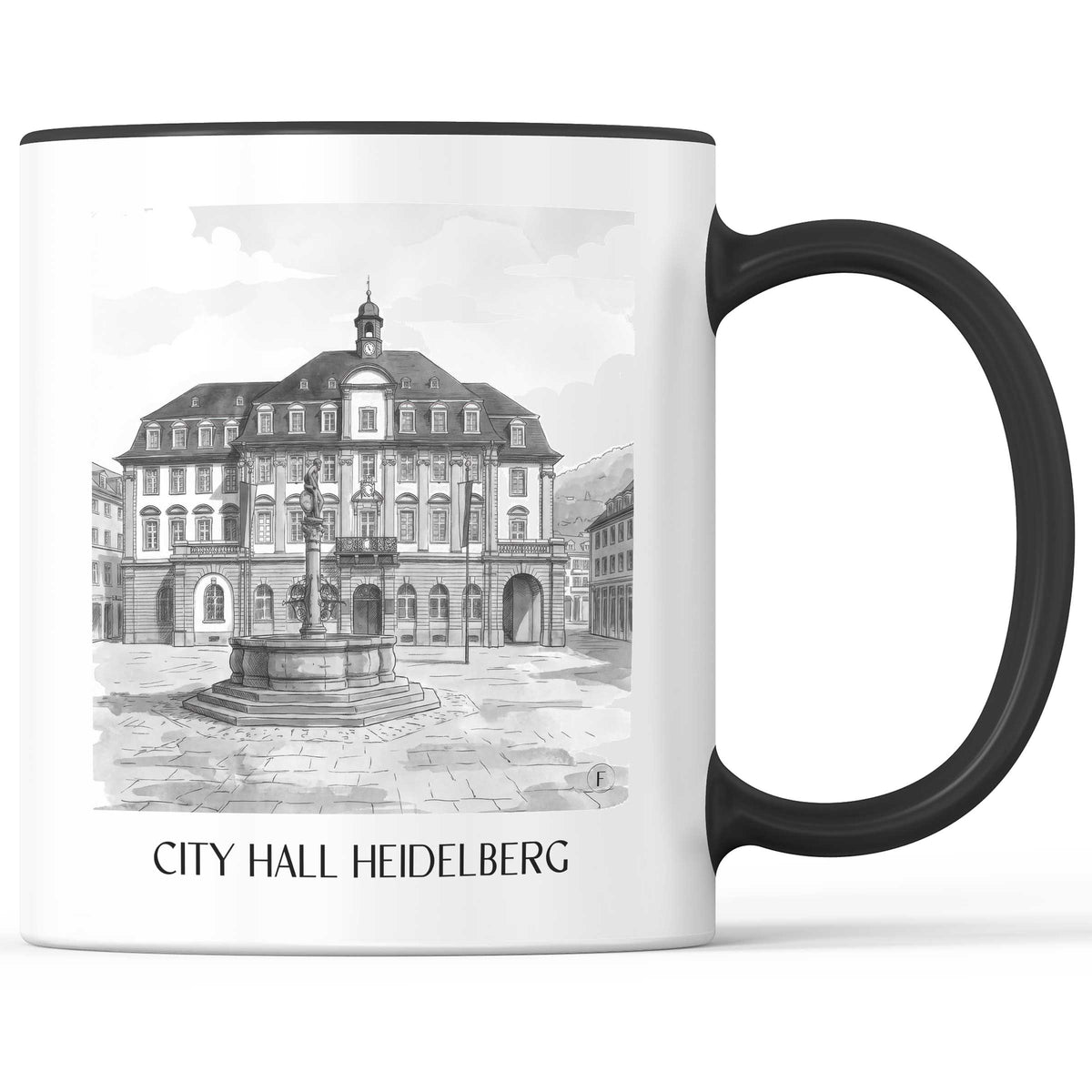 Rathaus Kaffeebecher - Heidelberg - Deutschland Becher - Kaffeetasse im Aquarell Schwarz-Weiß Stil - favplace