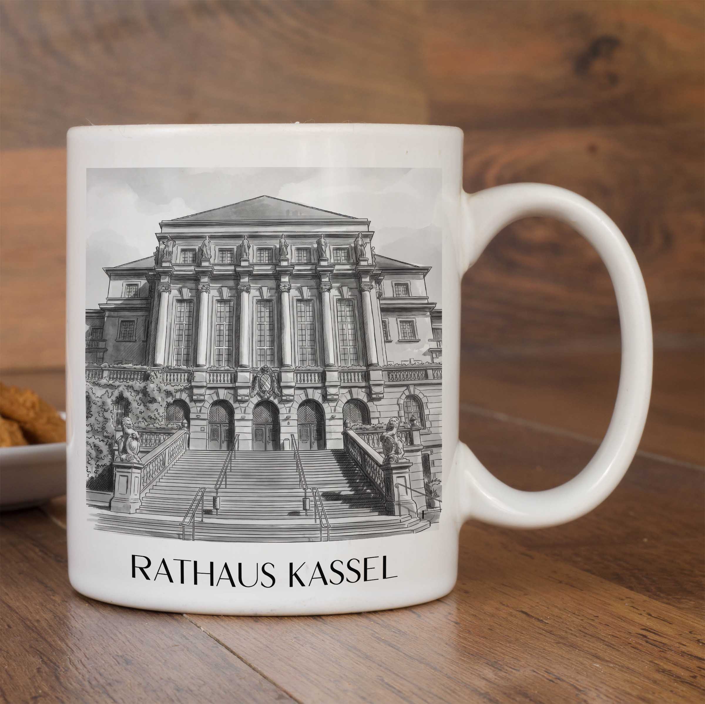 rathaus-kassel-deutschland-kaffeebecher-aquarell-schwarz-weiss
