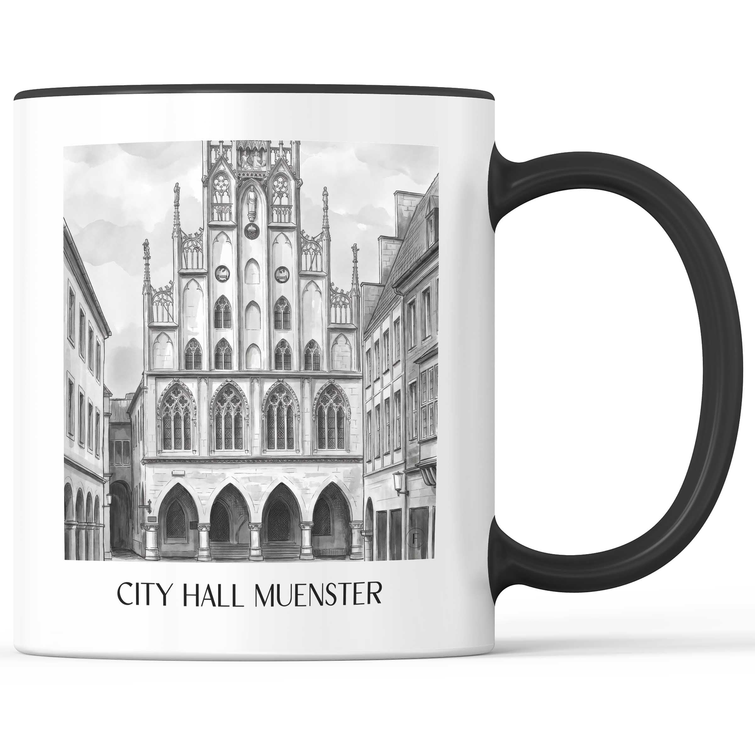 Rathaus Kaffeebecher - Münster - Deutschland Becher - Kaffeetasse im Aquarell Schwarz-Weiß Stil - favplace