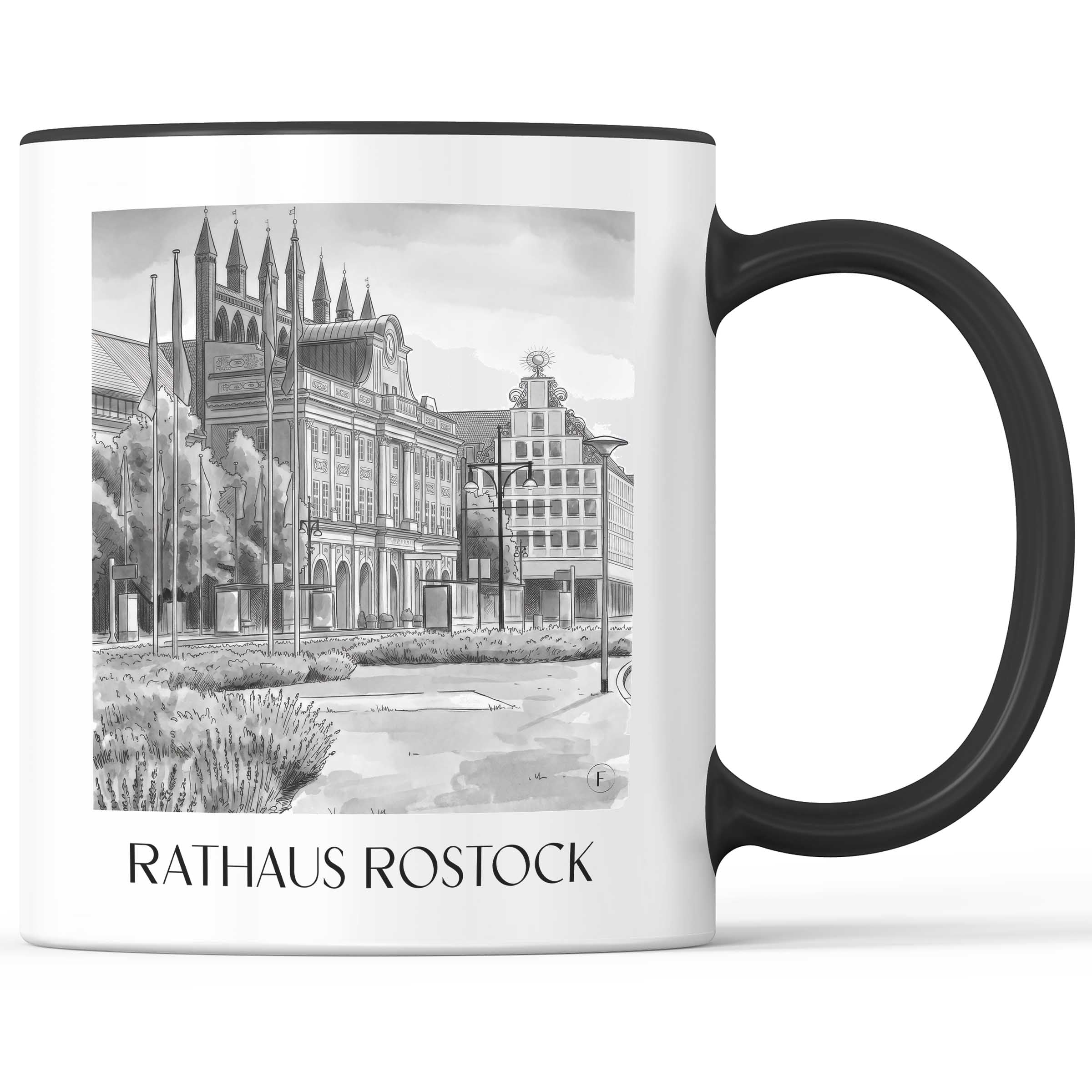 rathaus-rostock-deutschland-kaffeebecher-aquarell-schwarz-weiss