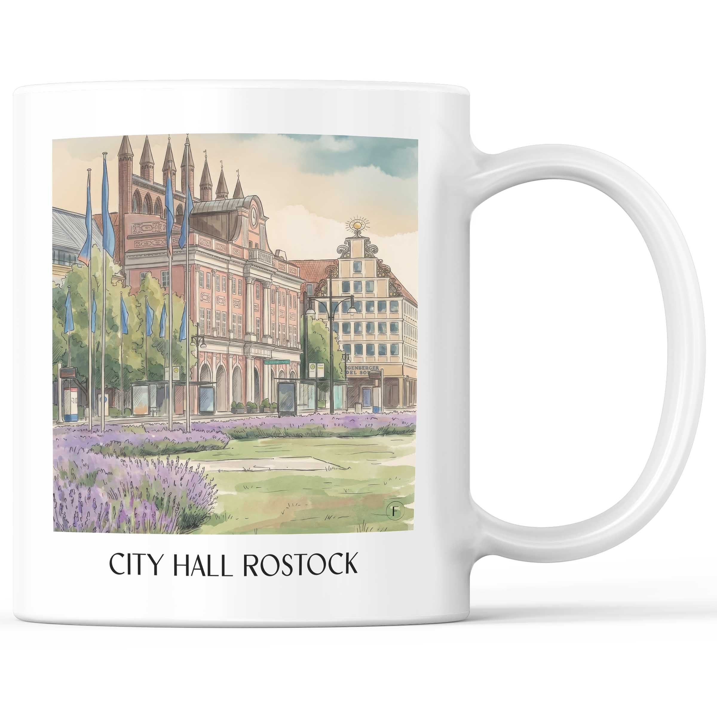 Rathaus Kaffeebecher - Rostock - Deutschland Becher - Kaffeetasse im Aquarell Stil - favplace