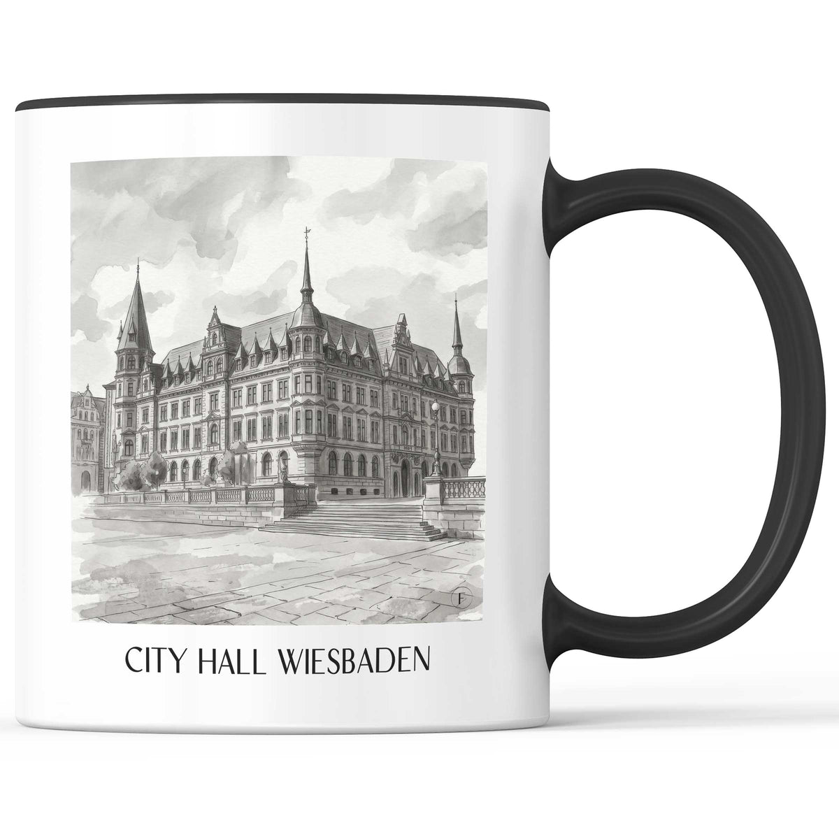 Rathaus Kaffeebecher - Wiesbaden - Deutschland Becher - Kaffeetasse im Aquarell Schwarz-Weiß Stil - favplace