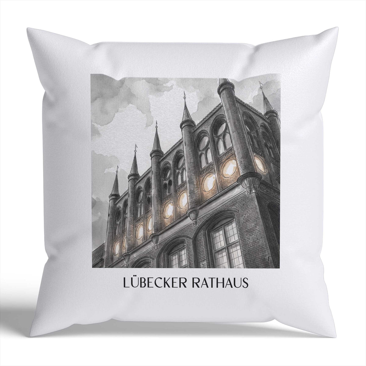 rathaus-lübeck-deutschland-kissenbezug-aquarell-schwarz-weiss