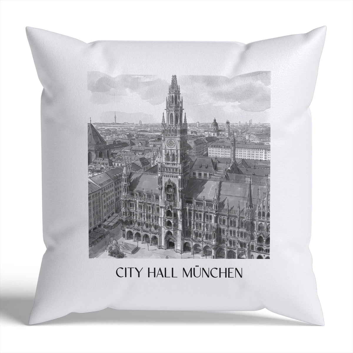 Rathaus Kissenhülle - Zierkissen Bezug - München - Deutschland Kissen bzw. Kissenbezug im Aquarell Schwarz-Weiß Stil - favplace