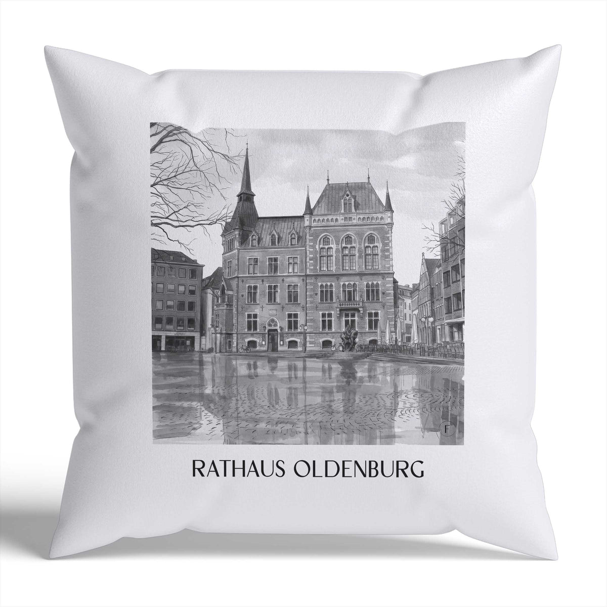 rathaus-oldenburg-deutschland-kissenbezug-aquarell-schwarz-weiss