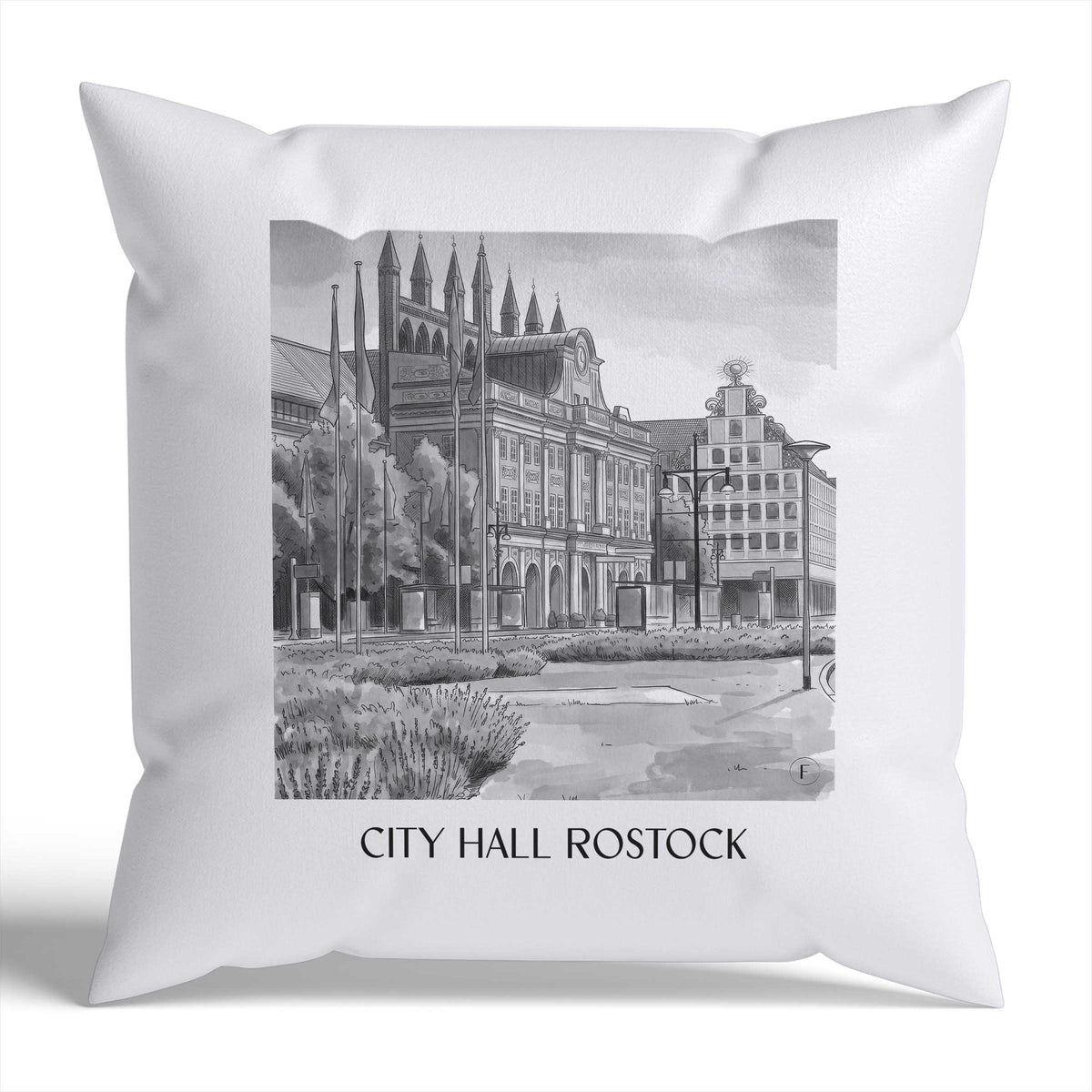 Rathaus Kissenhülle - Zierkissen Bezug - Rostock - Deutschland Kissen bzw. Kissenbezug im Aquarell Schwarz-Weiß Stil - favplace