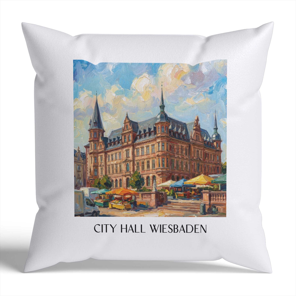 Rathaus Kissenhülle - Zierkissen Bezug - Wiesbaden - Deutschland Kissen bzw. Kissenbezug im Ölgemälde Stil - favplace