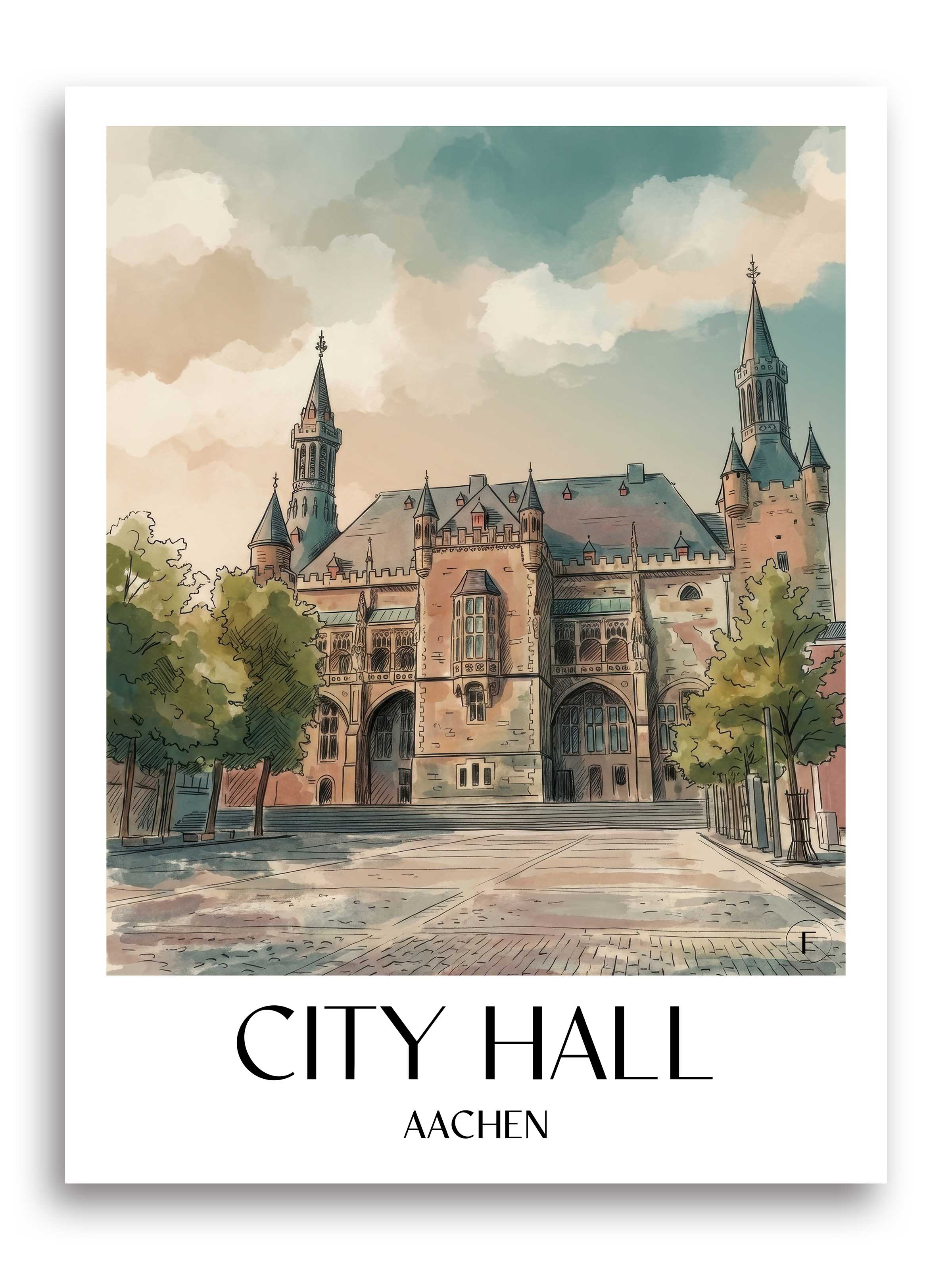Rathaus Poster - Aachen - Deutschland Kunstdruck - Aquarell von A4 bis A1 - favplace