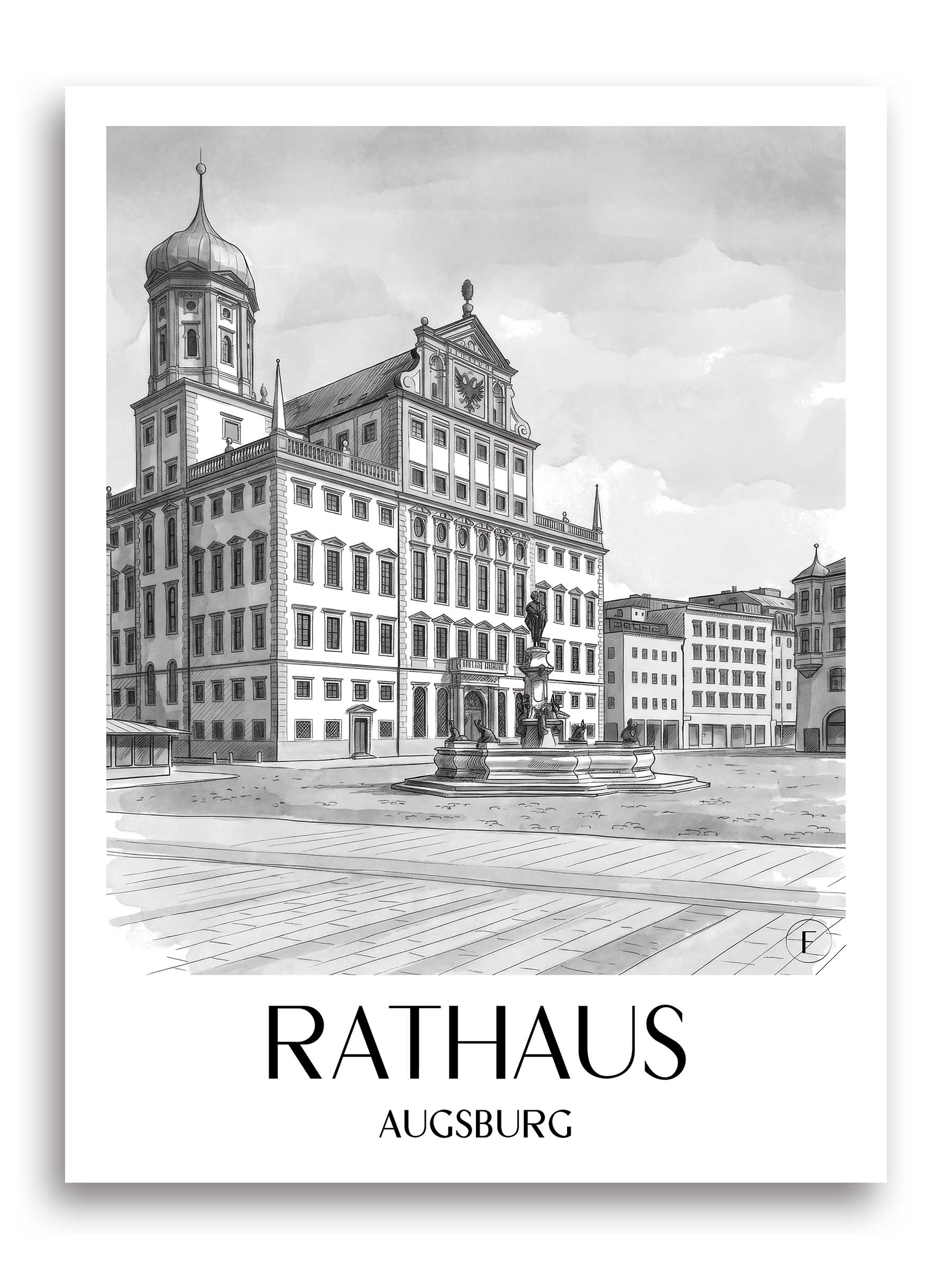 rathaus-augsburg-deutschland-poster-aquarell-schwarz-weiss