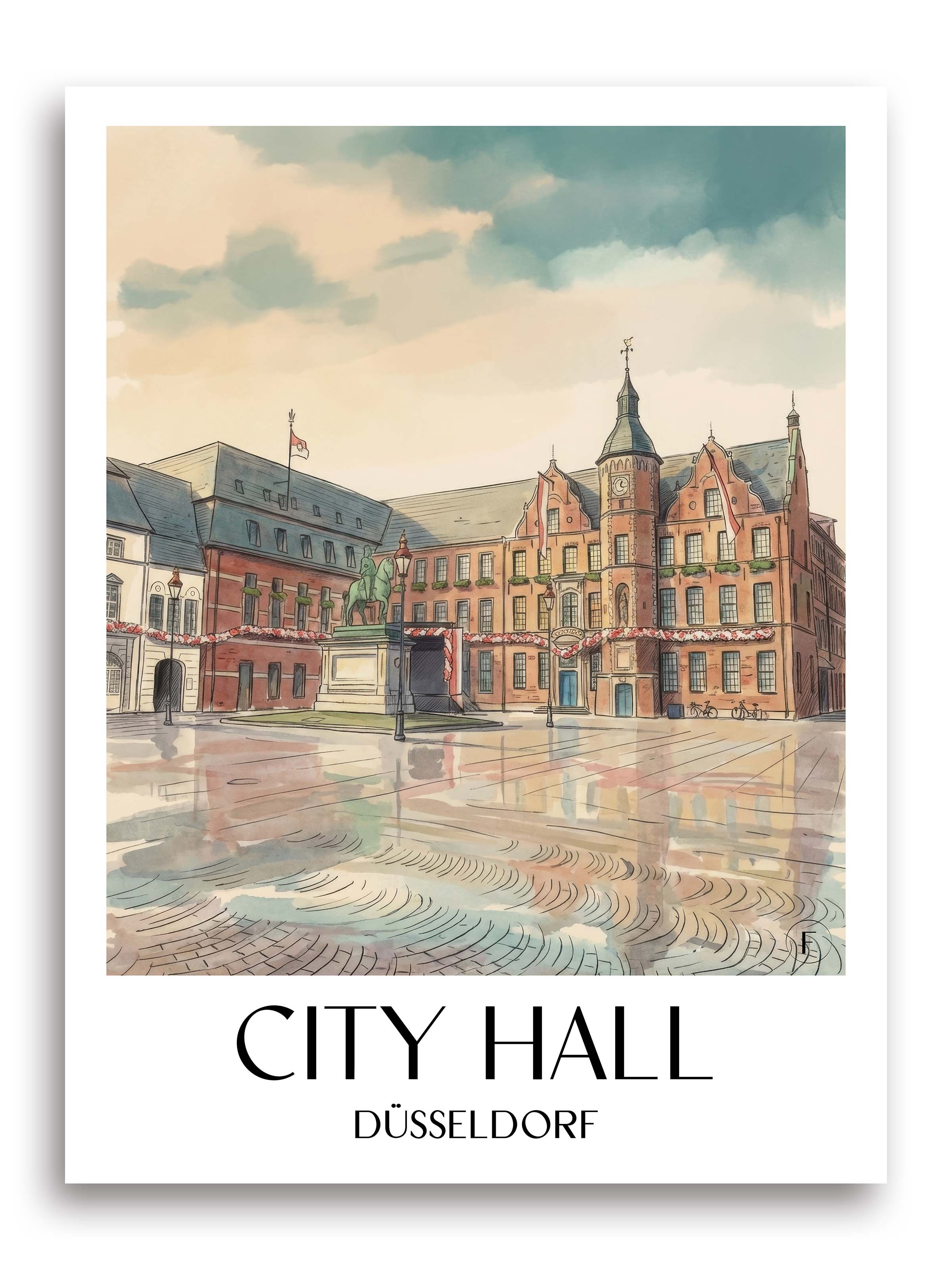Rathaus Poster - Düsseldorf - Deutschland Kunstdruck - Aquarell von A4 bis A1 - favplace