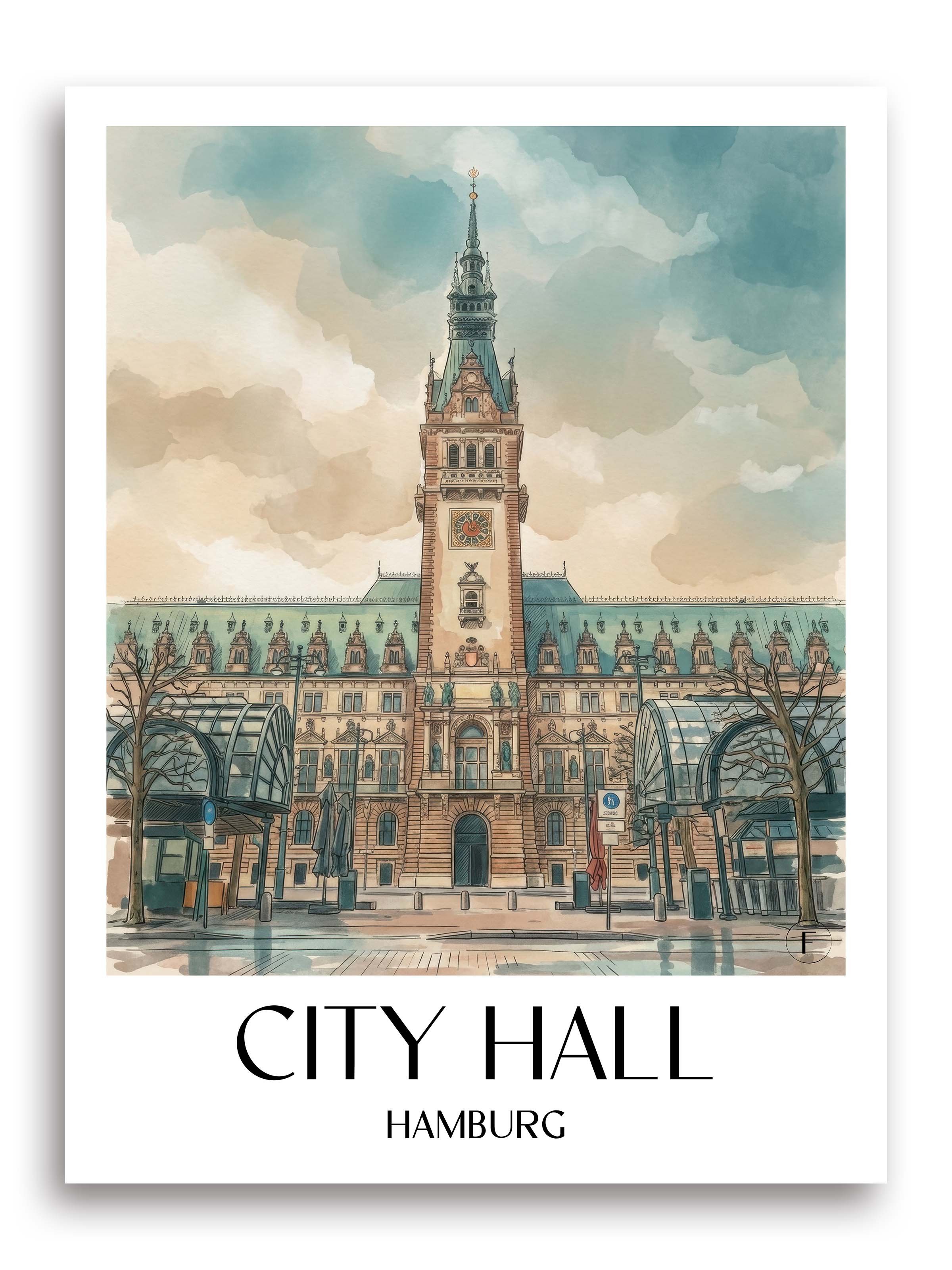 Rathaus Poster - Hamburg - Deutschland Kunstdruck - Aquarell von A4 bis A1 - favplace