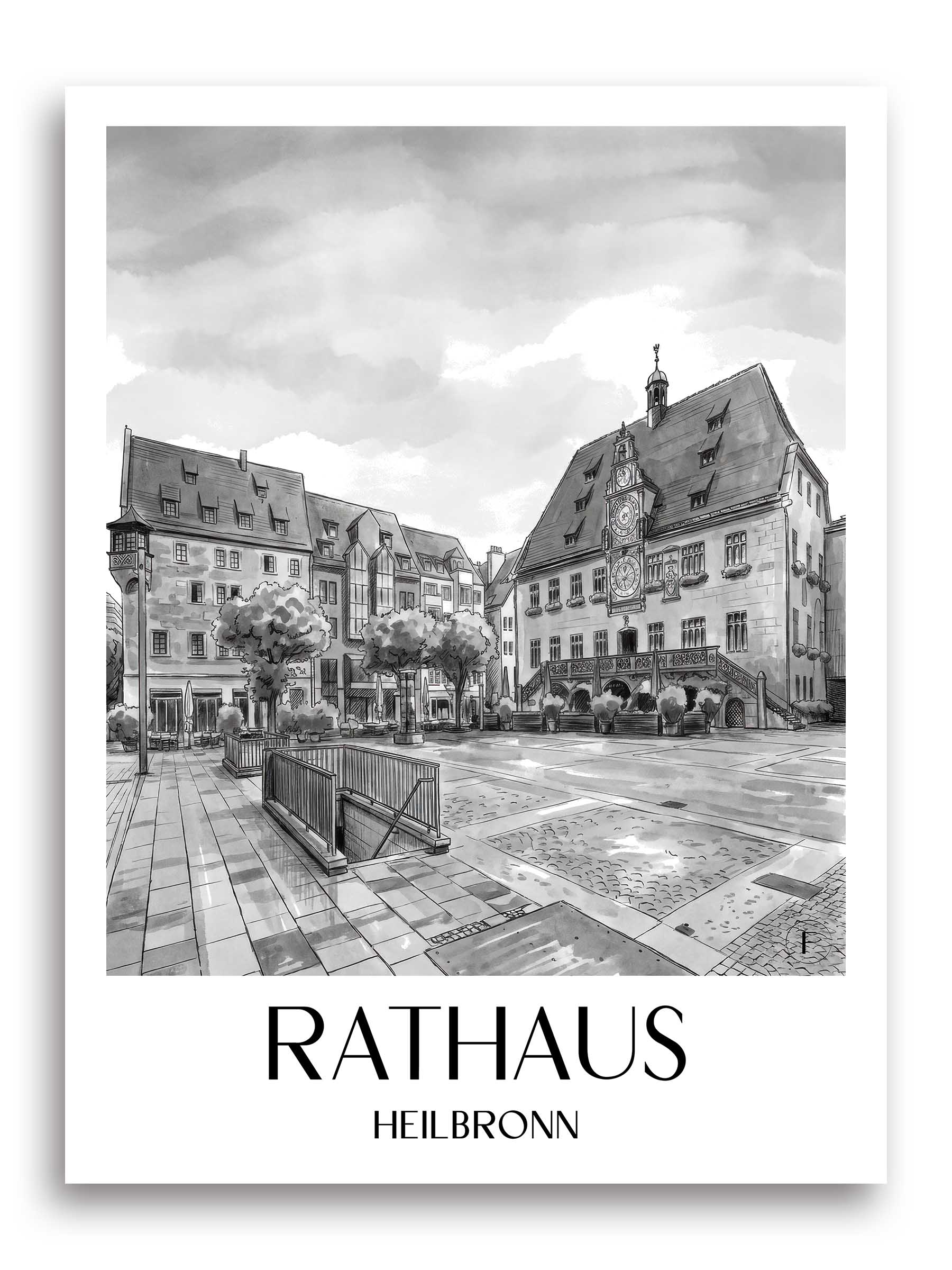 rathaus-heilbronn-deutschland-poster-aquarell-schwarz-weiss