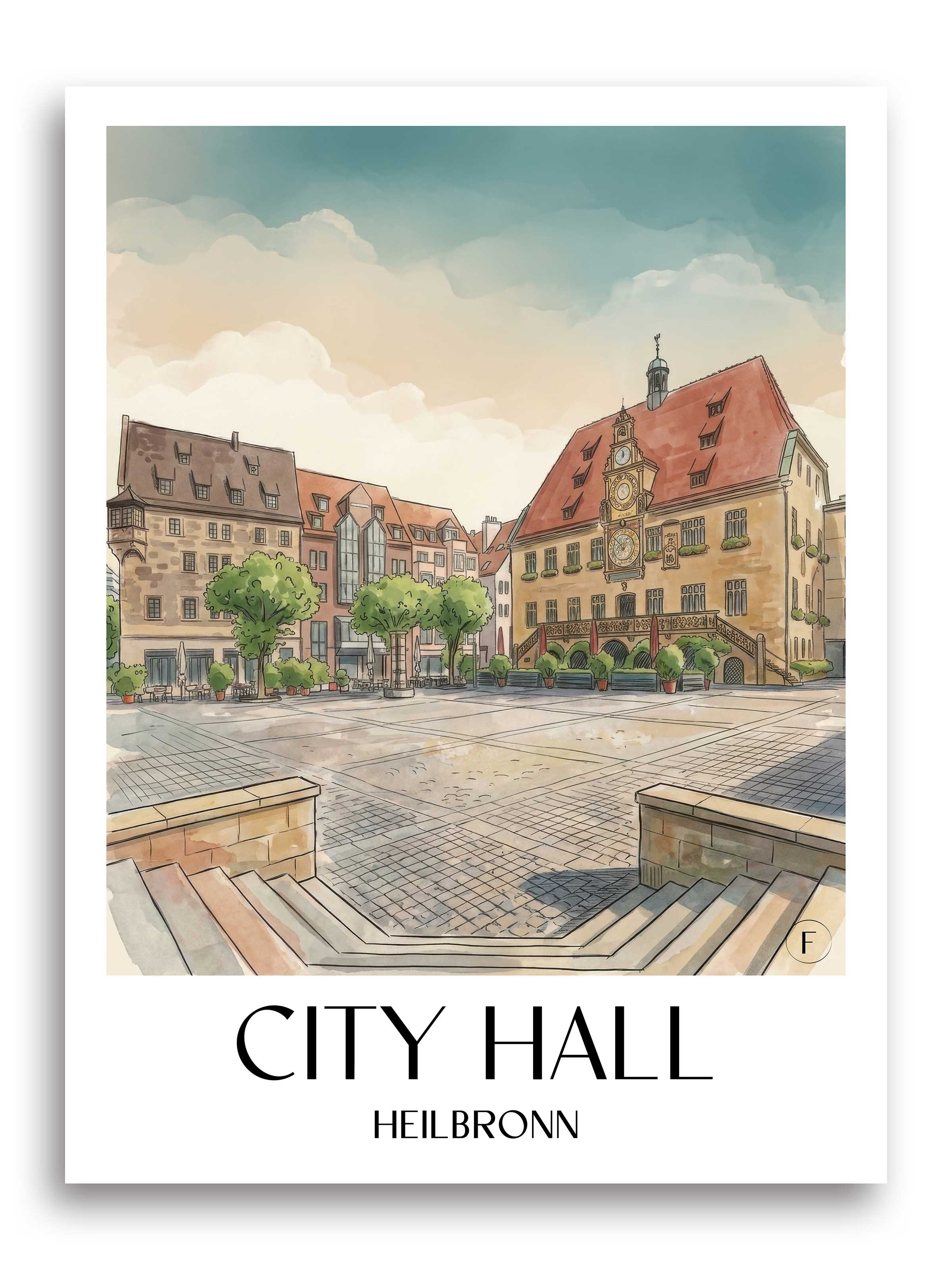Rathaus Poster - Heilbronn - Deutschland Kunstdruck - Aquarell von A4 bis A1 - favplace