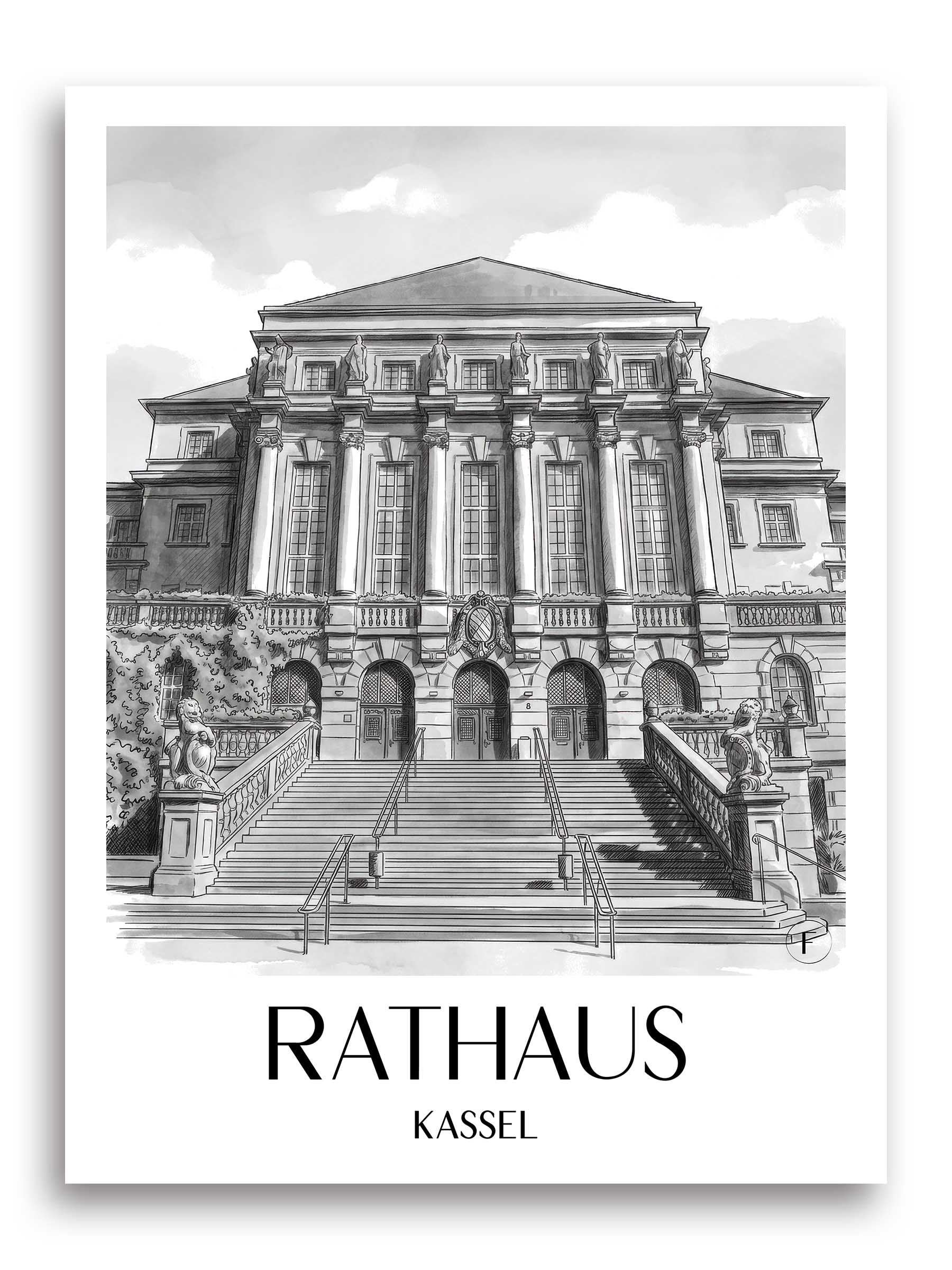 rathaus-kassel-deutschland-poster-aquarell-schwarz-weiss