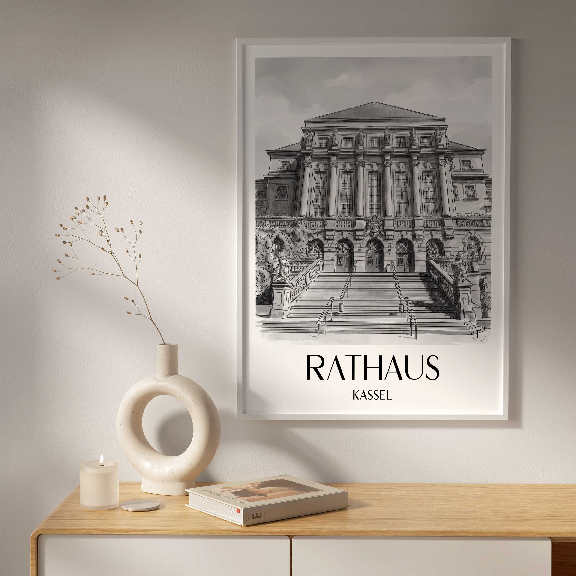 rathaus-kassel-deutschland-poster-aquarell-schwarz-weiss