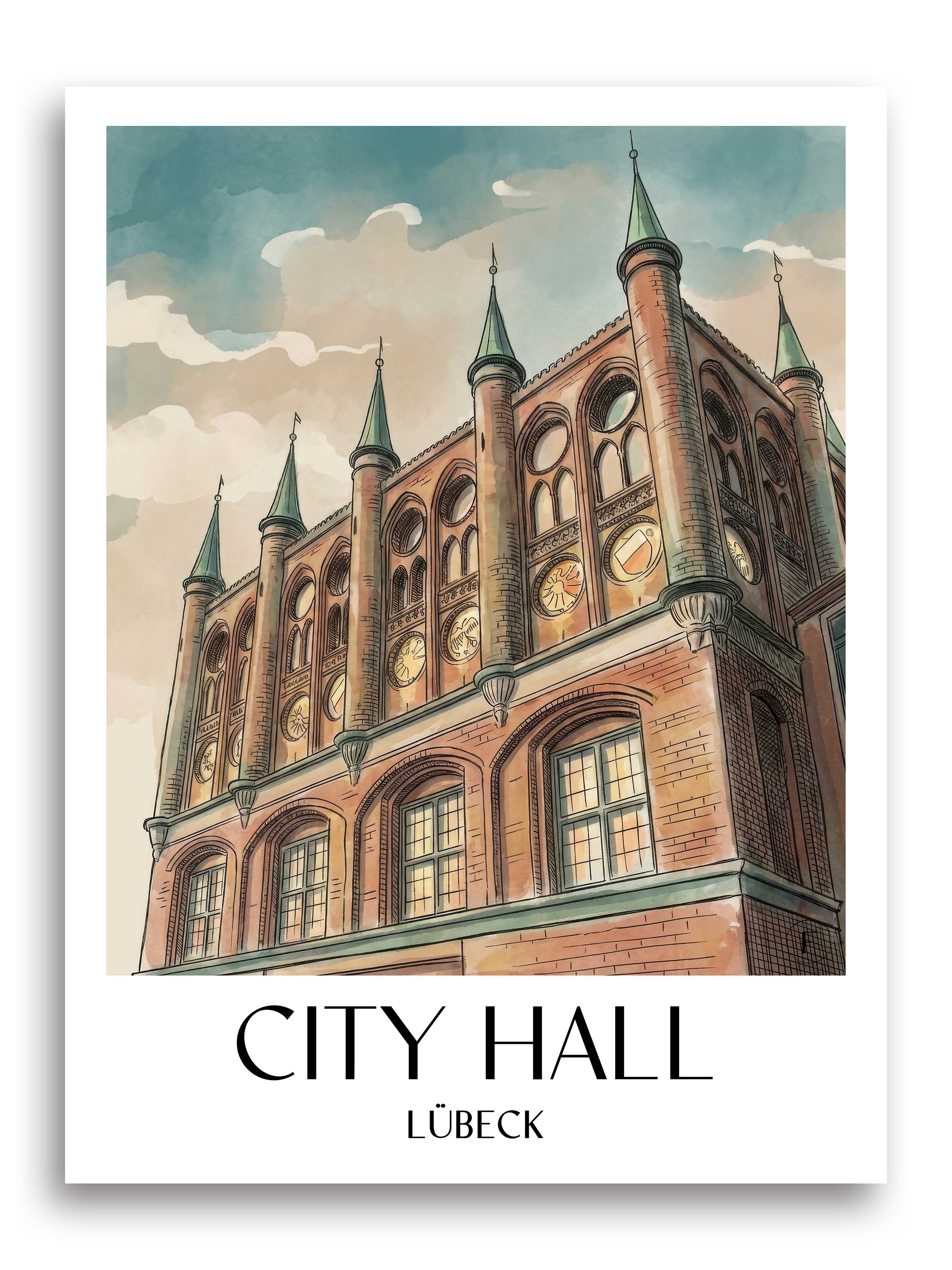 Rathaus Poster - Lübeck - Deutschland Kunstdruck - Aquarell von A4 bis A1 - favplace